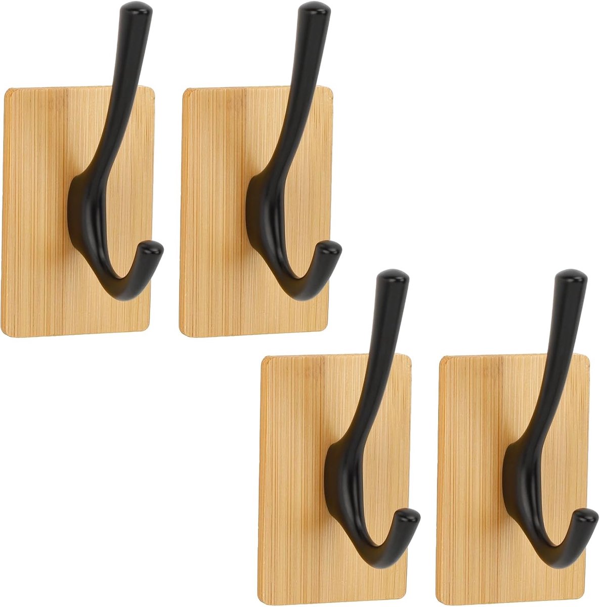 Handdoekhaken Bamboe, 4 stuks Zelfklevende Wandhaken, Zwart Kledinghaken, Zelfklevende Handdoekhaken, Sterke Kleefhaken, voor Woonkamer, Badkamer, Keuken