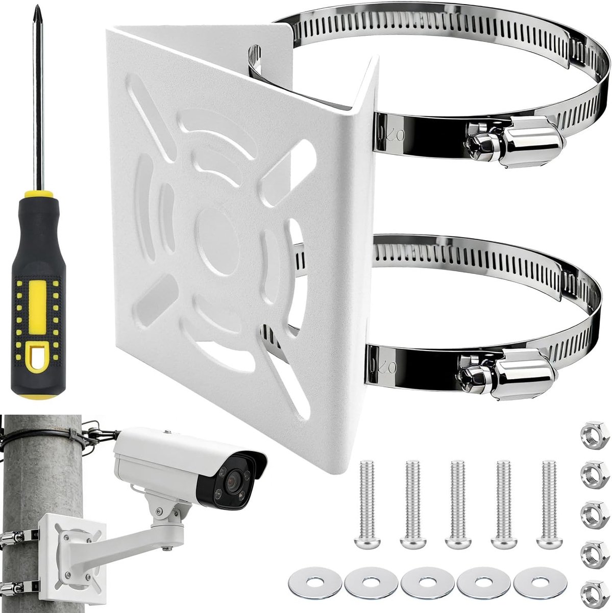 masthouder voor bewakingsapparaten, witte basis, 2 ringen, camerahouder, montagebeugel, camerahouder voor monitoraccessoires, buiten, verticale stangaccessoires