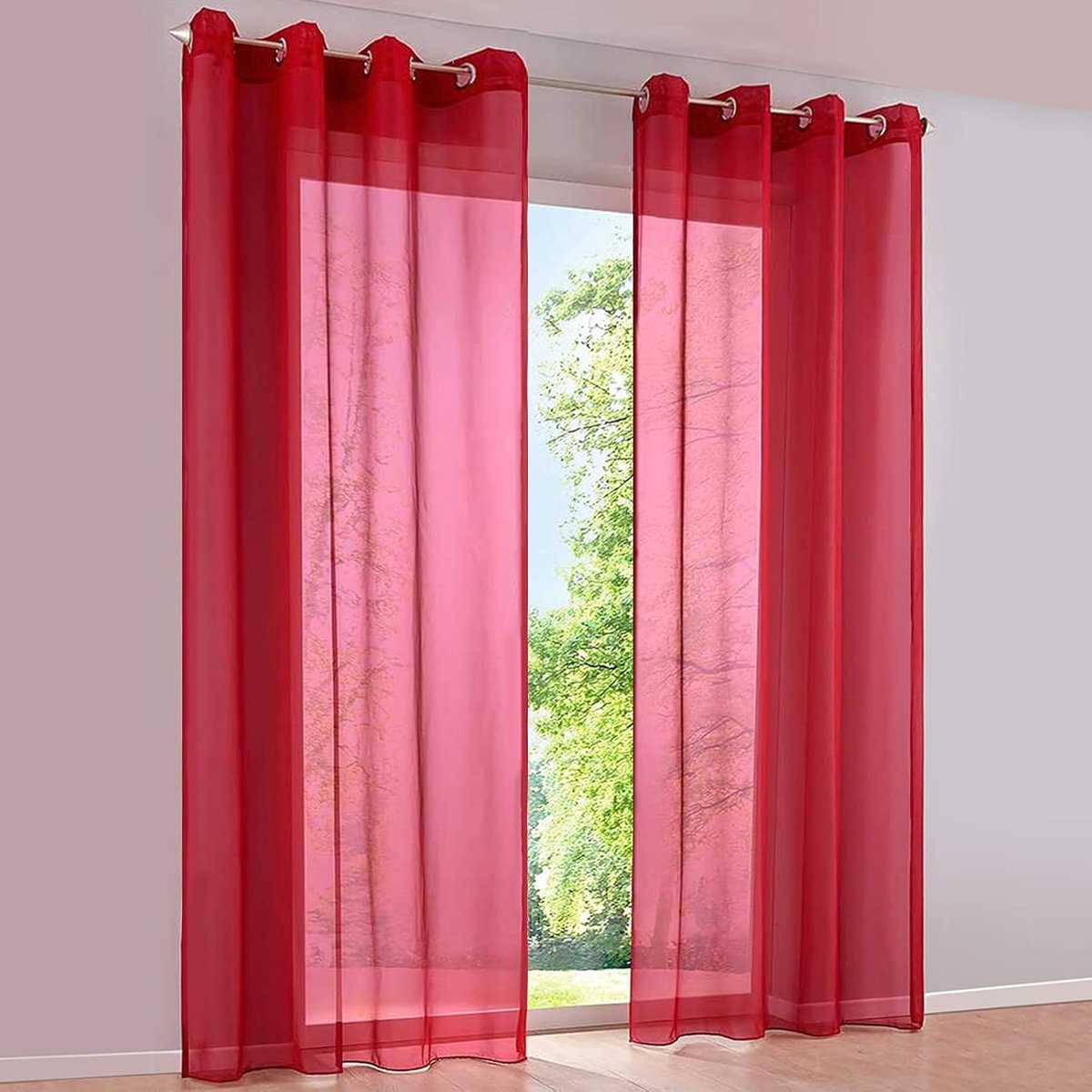 Panelen, Gordijnen met oogjes, halftransparant, voor ramen, balkon, woonkamer (breedte 140 cm x hoogte 245 cm, rood)