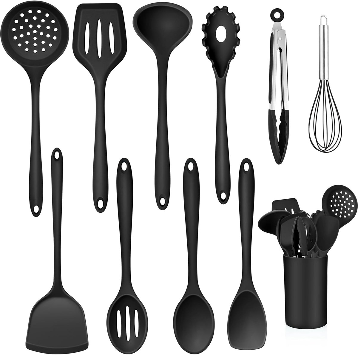 Keukenhulpset, 11 stuks, siliconen, zwart, keukengerei met gebruiksvoorwerpenhouder, anti-aanbaklaag, hittebestendig kookgerei, set voor koken, gezond, gemakkelijk te reinigen