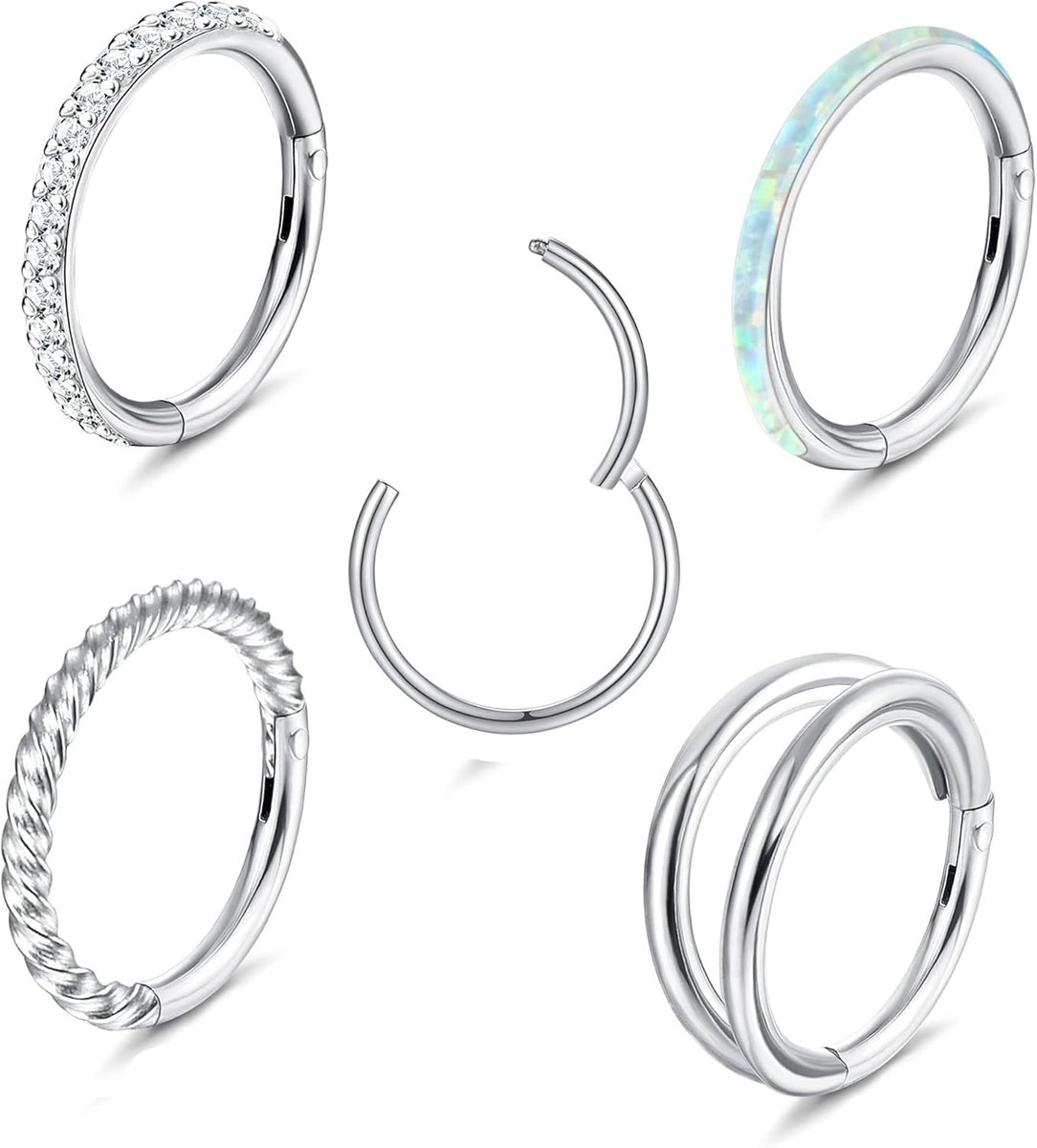 5 Stks 18G 16G Chirurgisch Stalen Neus Ringen Hoepel voor Vrouwen Opaal CZ Clicker Scharnierende Septum Neus Ring Lip Helix Kraakbeen Hoop Oorbel Daith Rook Conch Neus Piercing Sieraden voor