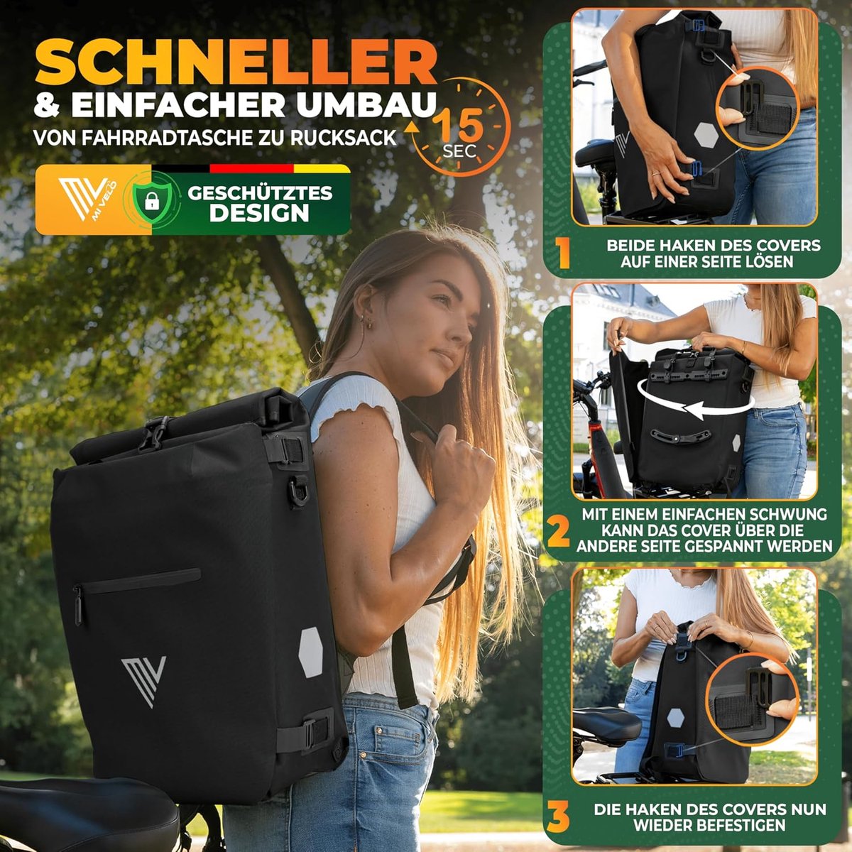 SnelShoppen - 3-in-1 Fietstas en Rugzak | Waterproof Tas, Achterdrager Tas en Schoudertas | Comfortabele Fietstas in Zwart, Omgebouwd in 15 Seconden