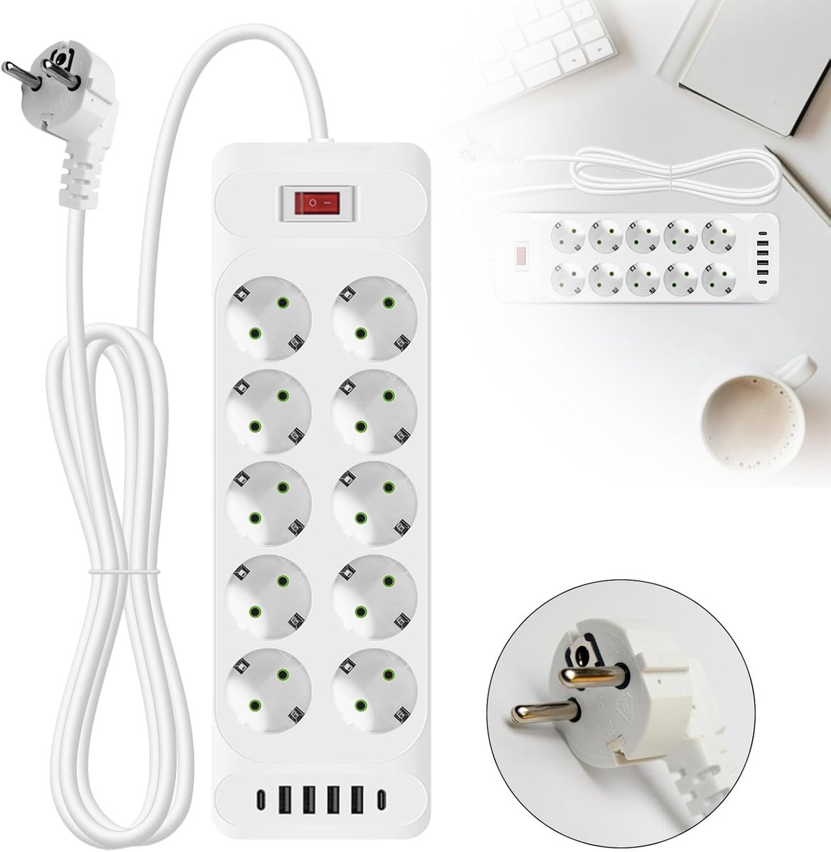 Stekkerdoos met USB C, 10 stopcontacten, overspanningsbeveiliging, stekkerdoos met schakelaar en 2 m kabel, platte stekker, wandmontage, wit