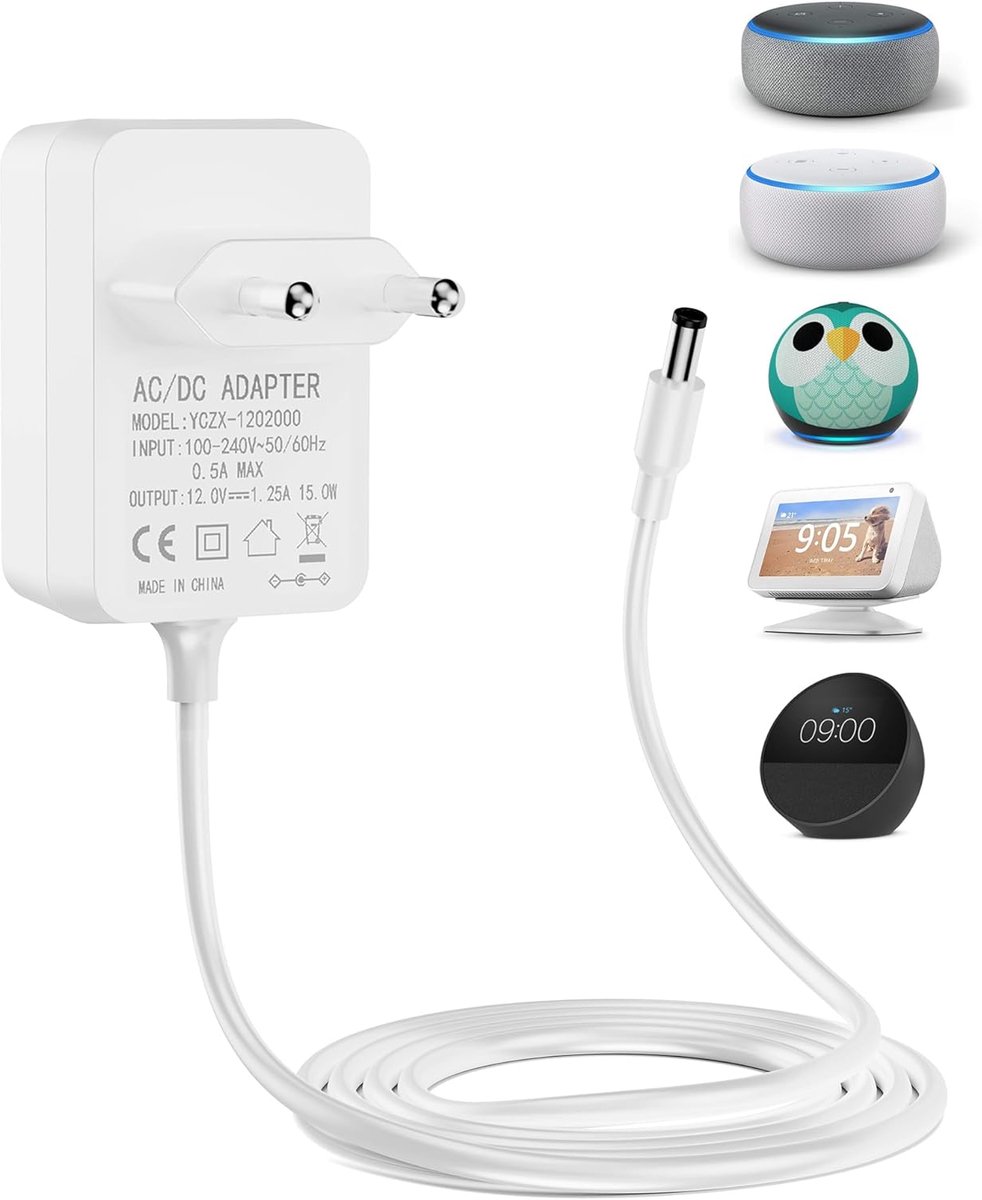 15 W netadapter voor Echo Dot 3e/4e generatie met klok, Kids Edition, Show 5, Spot