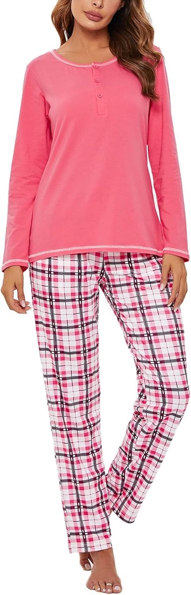 Damespyjama, lang, katoen, nachtkleding, winterpyjamaset, tweedelig met ronde hals, elastische tailleband, zakken, sleepwear voor lente en herfst, B-roze, XL