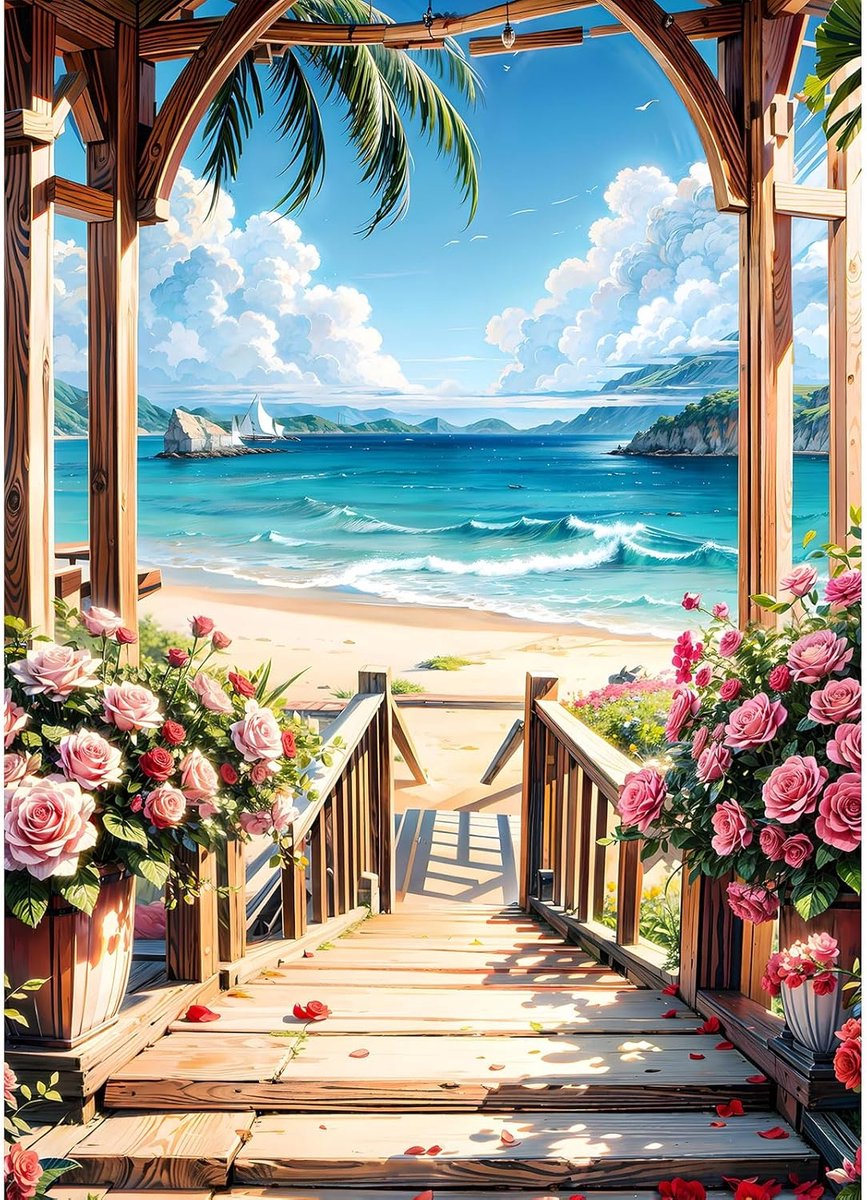 5D Doe-het-zelf diamantschilderij met uitzicht op zee, doe-het-zelf borduurwerk, bloemen, diamantschilderij, complete set, trap, diamantschilderij, kruissteek, schilderij voor volwassenen