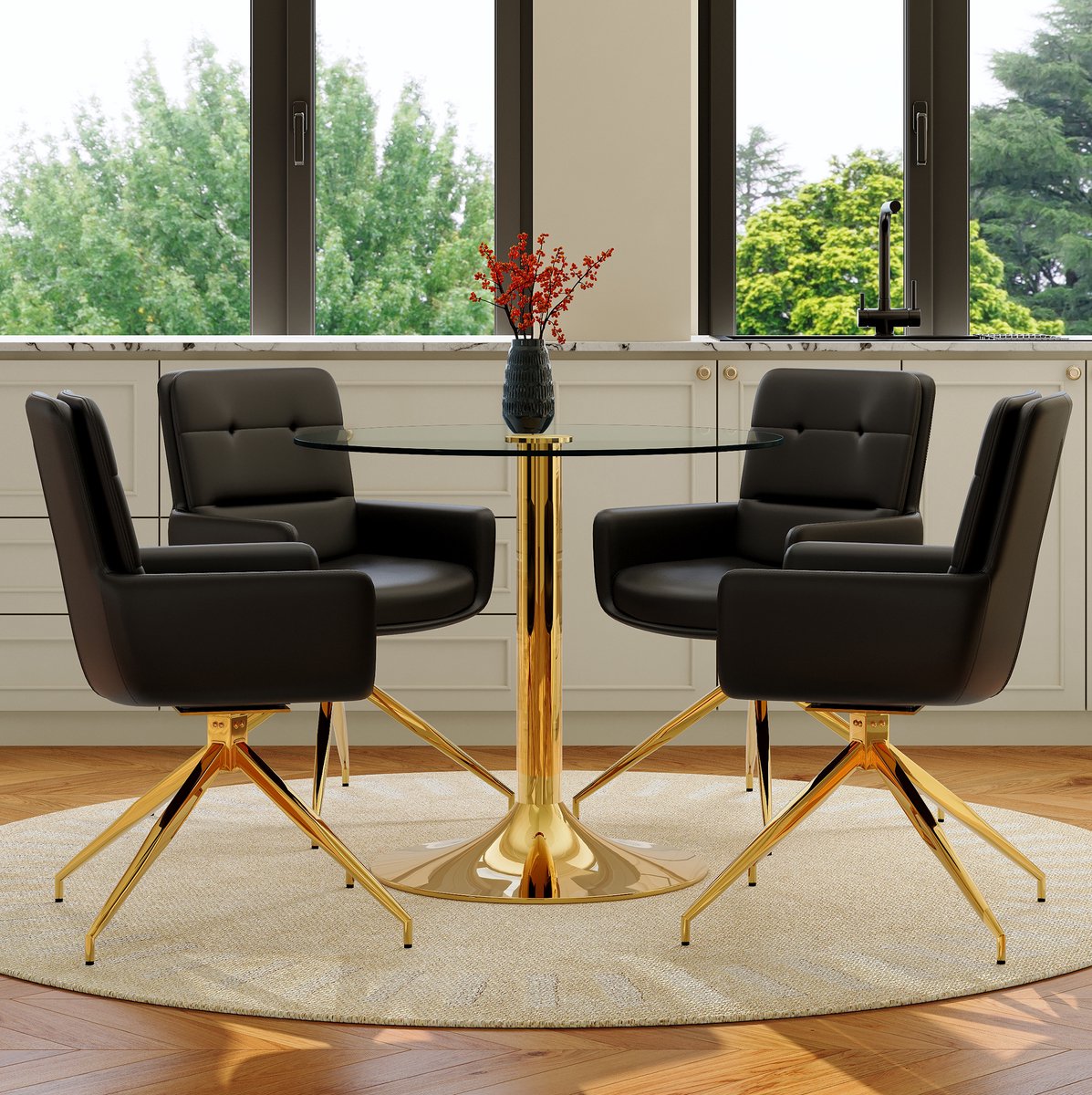 REDOM - Eettafelset - Ronde tafel met gehard glazen blad - 360° draaibare eetkamerstoelen - Metalen onderstel - Modern - Eetkamer - Zwart, Goud, Transparant - 85 x 85 x 76 cm