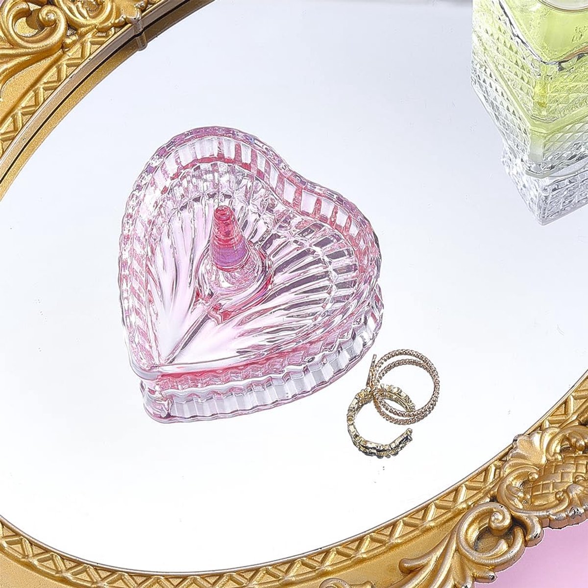 SnelShoppen - Hartvormige Kristallen Ringhouder Sieraden Dienblad 3,1 Inch - Roze Glazen Sieradenrek voor Vrouwen - Schattige Opslag voor Ringen en Si