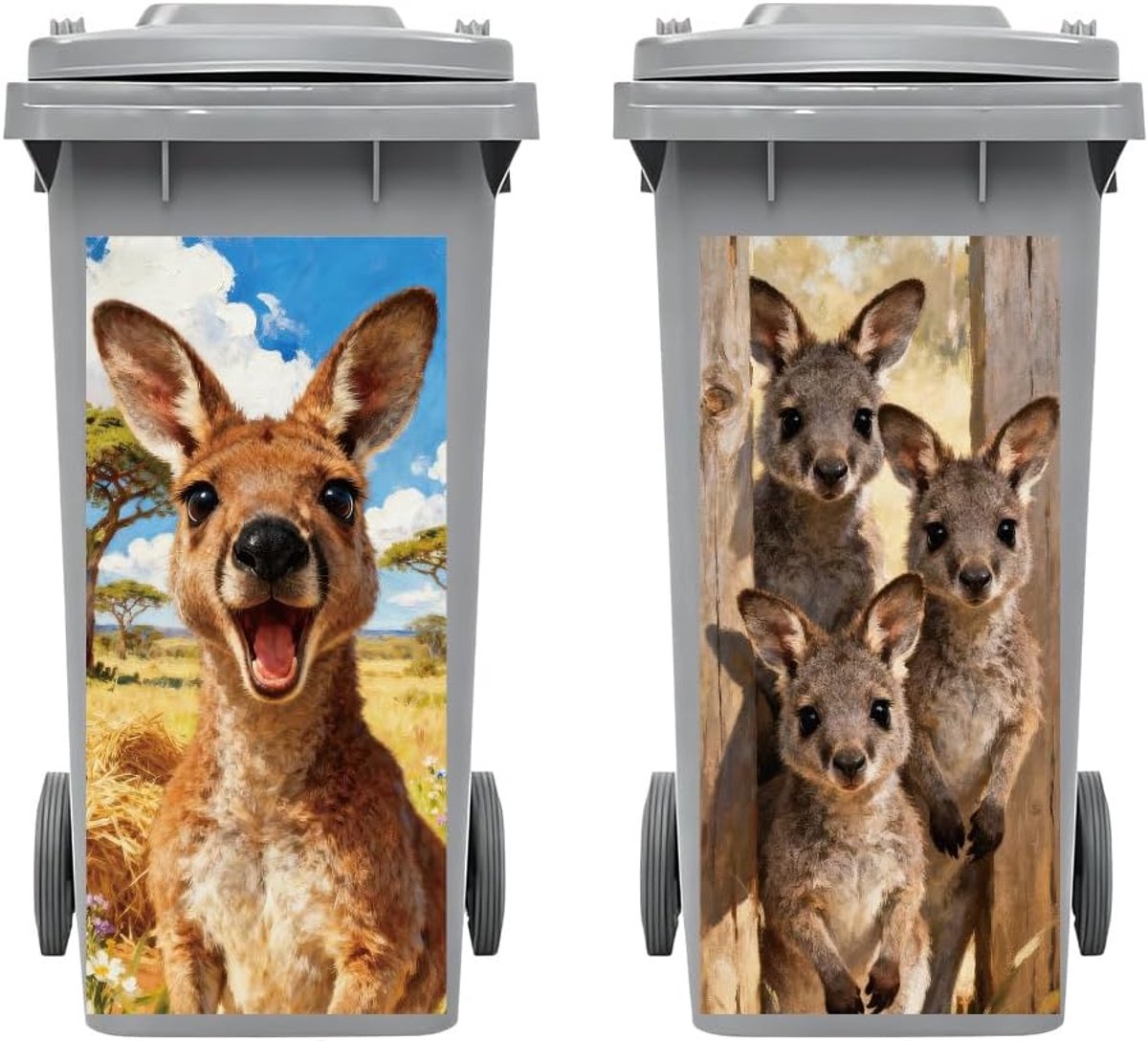 Vuilnisbakstickers kangoeroe 38 x 81 cm - waterdicht pvc - decoratief voor containers - vrolijke uitstraling - ShopVlot
