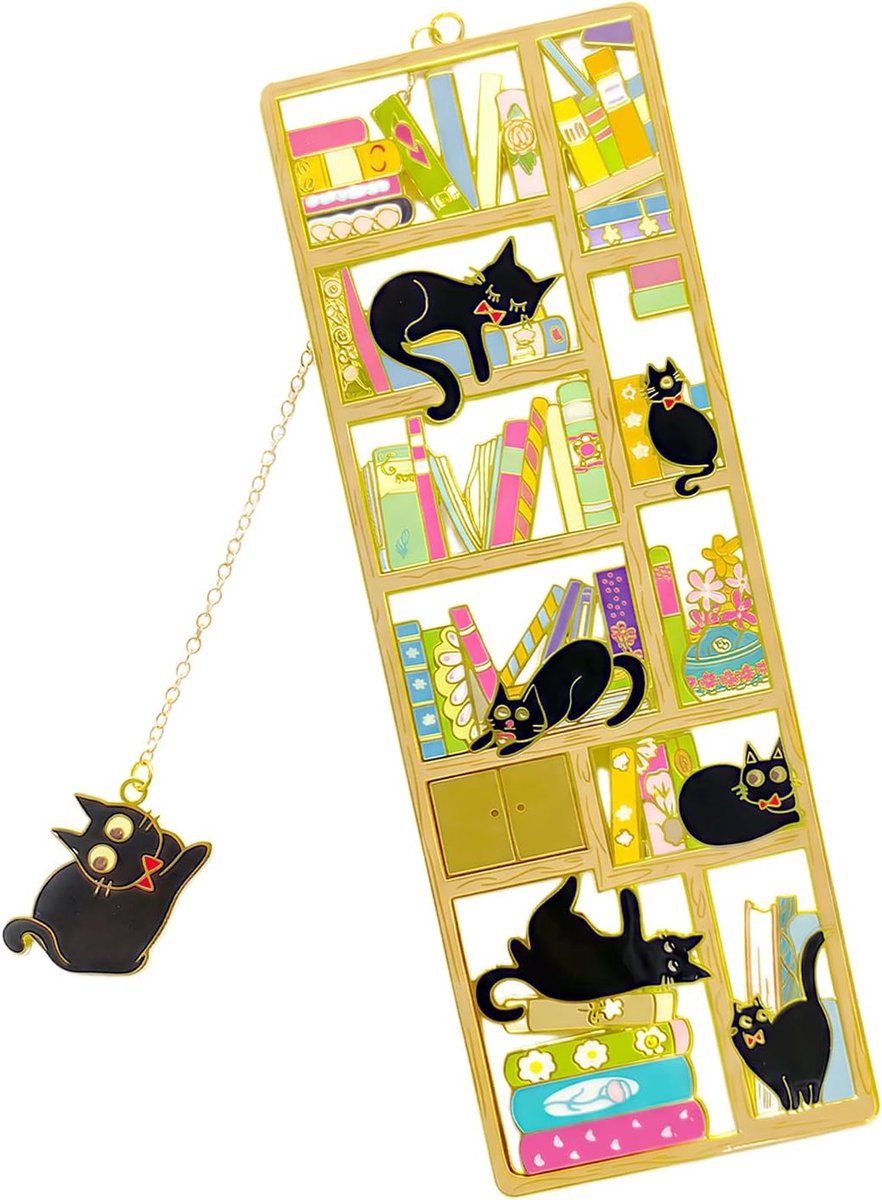 SnelShoppen - Boekenlegger Kat Metaal - Zwarte Kat Boekenleggers voor Boekliefhebbers - Kawaii Leesaccessoires met Hanger - 150 mm x 50 mm - Perfect a