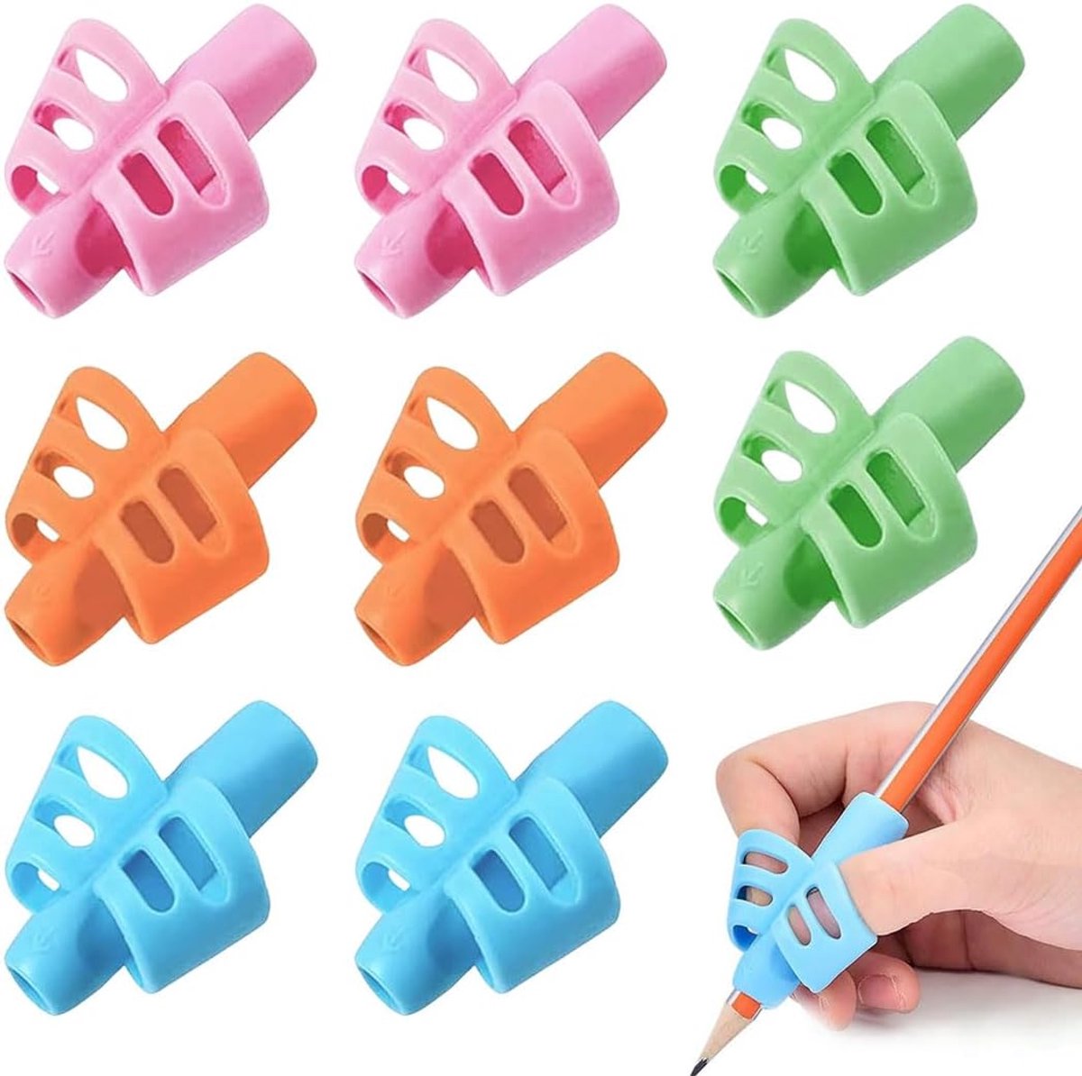 8 stuks vingergeleiding voor kinderen, siliconen, ergonomisch, 2 blauw + 2 roze + 2 oranje + 2 groen - ShopVlot