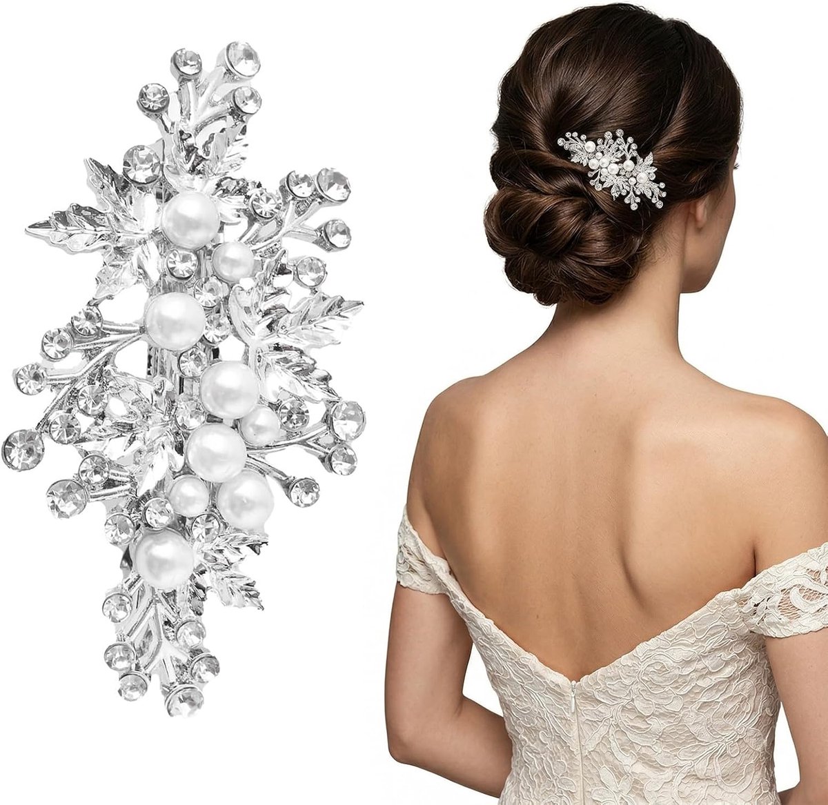 SnelShoppen - Haarspelden voor dames met parels en strasssteentjes, elegant zilverkleurig haaraccessoire, 7 x 3,6 cm, perfect voor bruiloft en feest