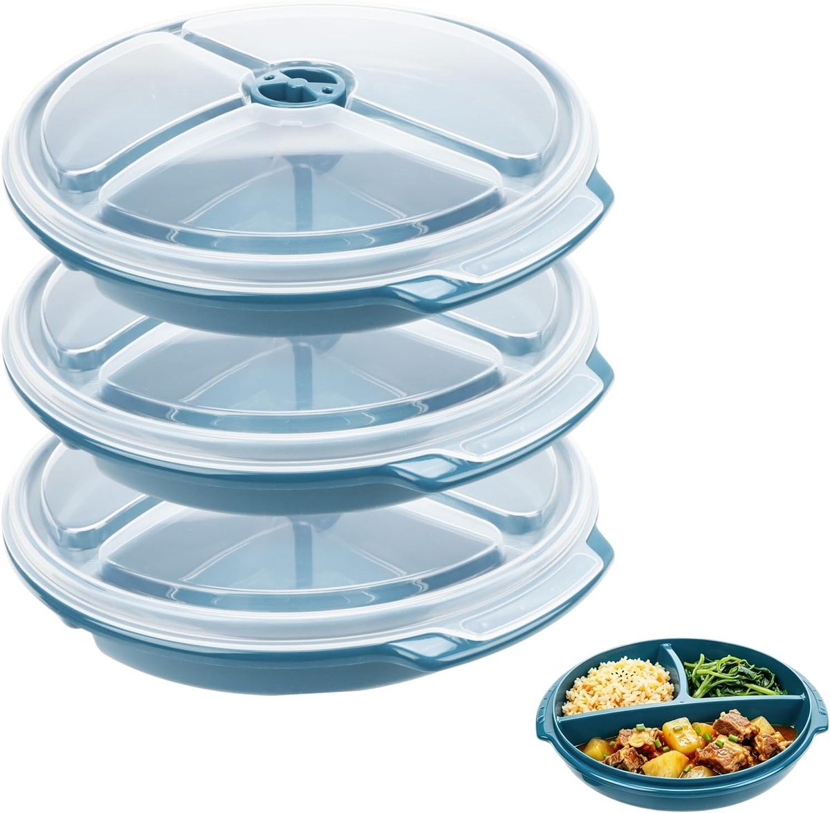 SnelShoppen - Set van 3 Magnetronplaten 25 x 23 x 4 cm met Deksel en 3 Compartimenten, BPA-vrij, Herbruikbaar, Magnetronbestendig voor Verwarmen en Vr