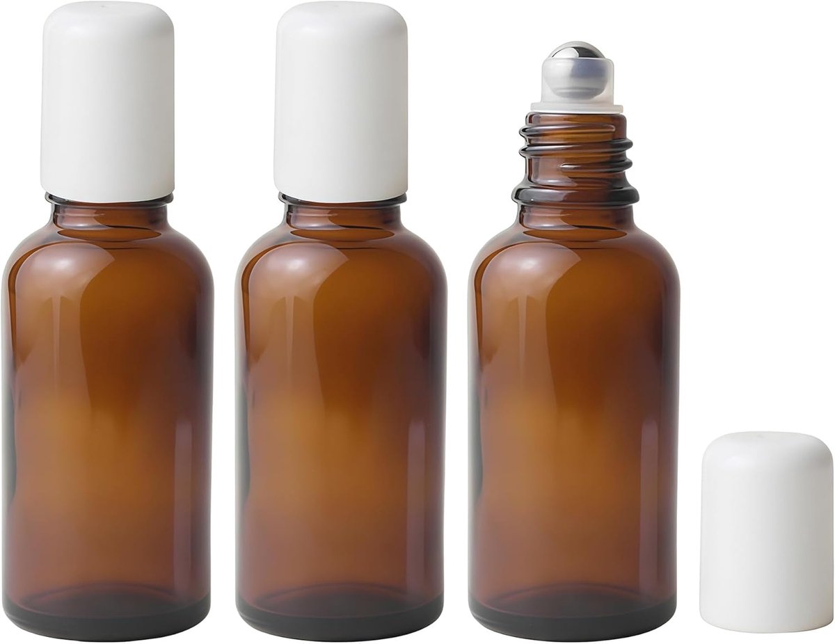 3 x 30 ml amberkleurige glazen flessen met roestvrijstalen rolballen en wit deksel, oprolbare parfumfles