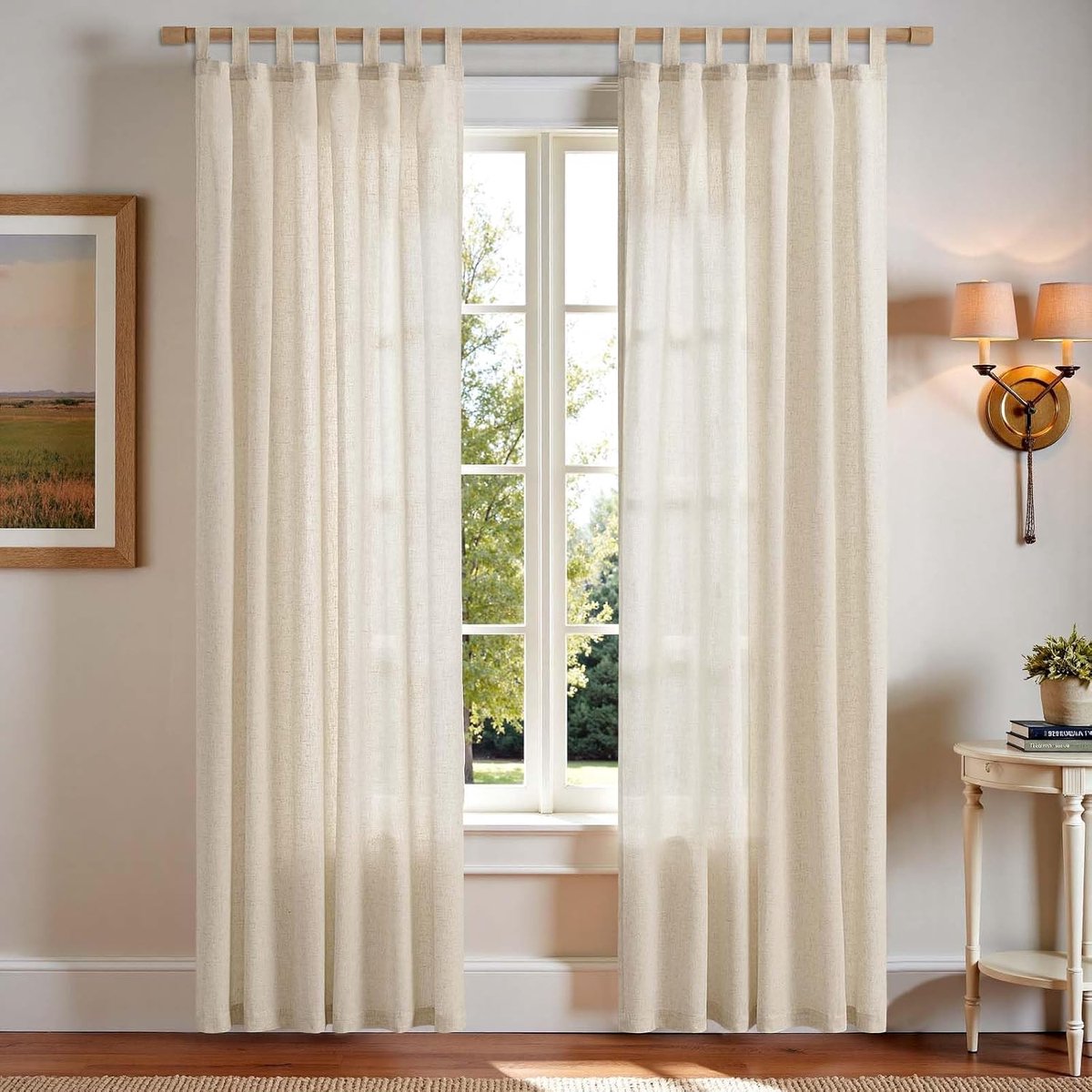 Gordijnen met lussen, linnen gordijnen voor woonkamer, slaapkamer, ramen, lichtdoorlatend, lichtfiltering, boerderij, landhuisstijl, gordijn keuken, set van 2, 140 x 225 cm (b x h), beige