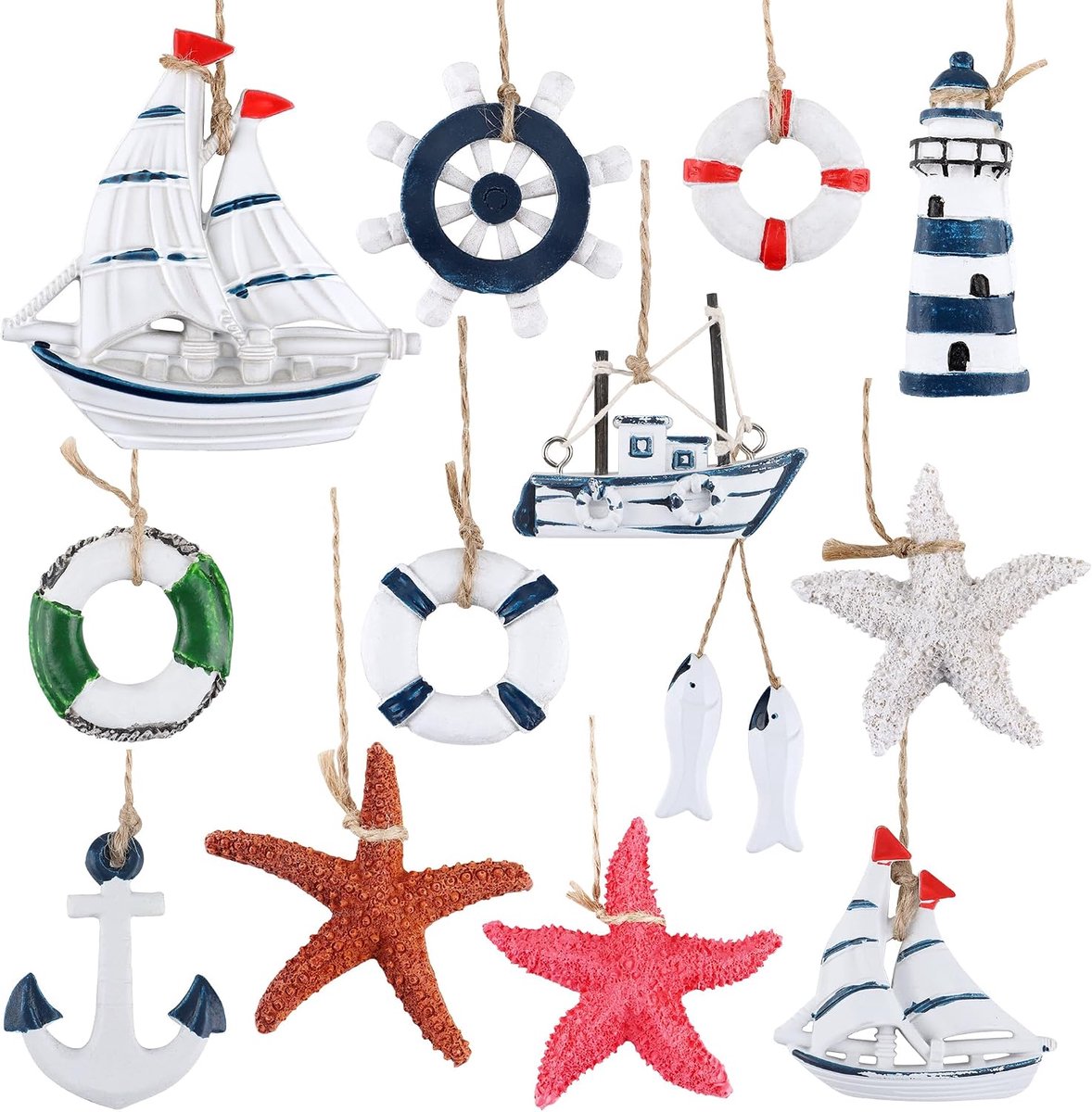 13 stuks maritieme hangers nautische decoratie, houten anker decoratie stuurwiel, maritieme decoratiehangerset voor thuis, mini-visnet, wanddecoraties, kustmotief