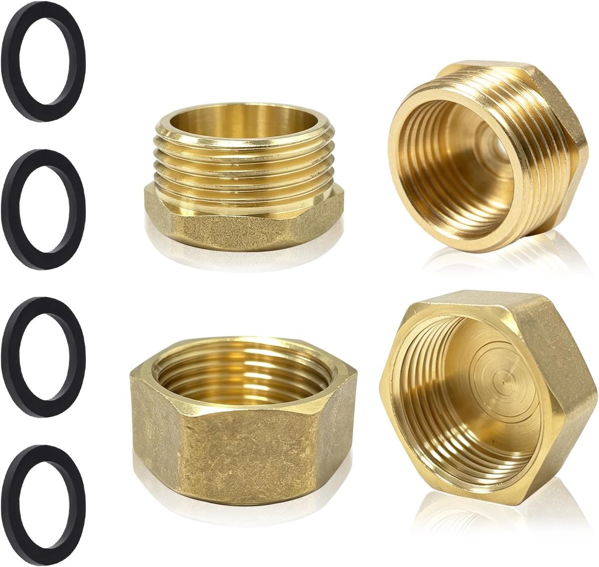 4 stuks 3/4 inch tuinslang eindkappen, 25 mm messing binnen- en buitendraad, tuinslangdoppen met afdichtingen, kraan-eindkappen, messing buisstop voor buiten