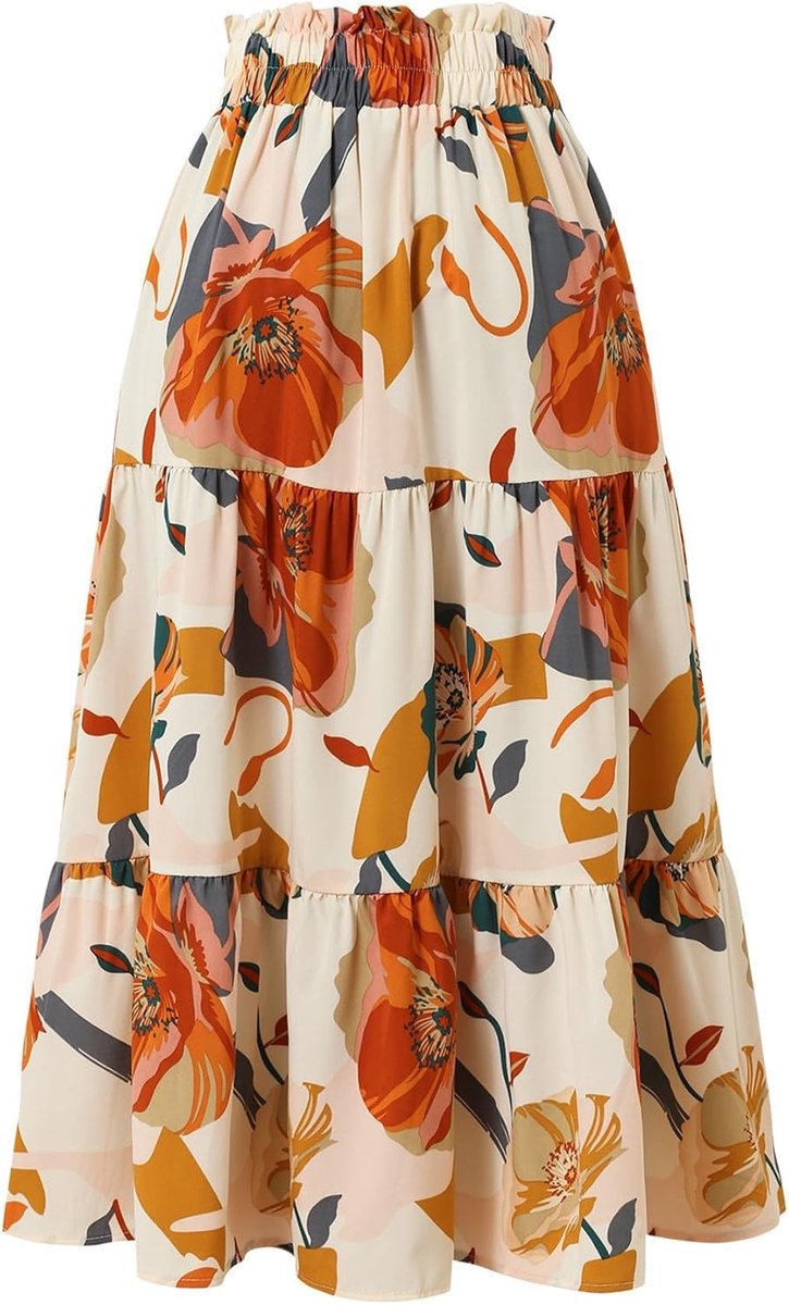 Rokken Elastische Taille Vintage Rokken Bloemenprint Ruches A-lijn Kuitlengte Rokken met Drawsting
