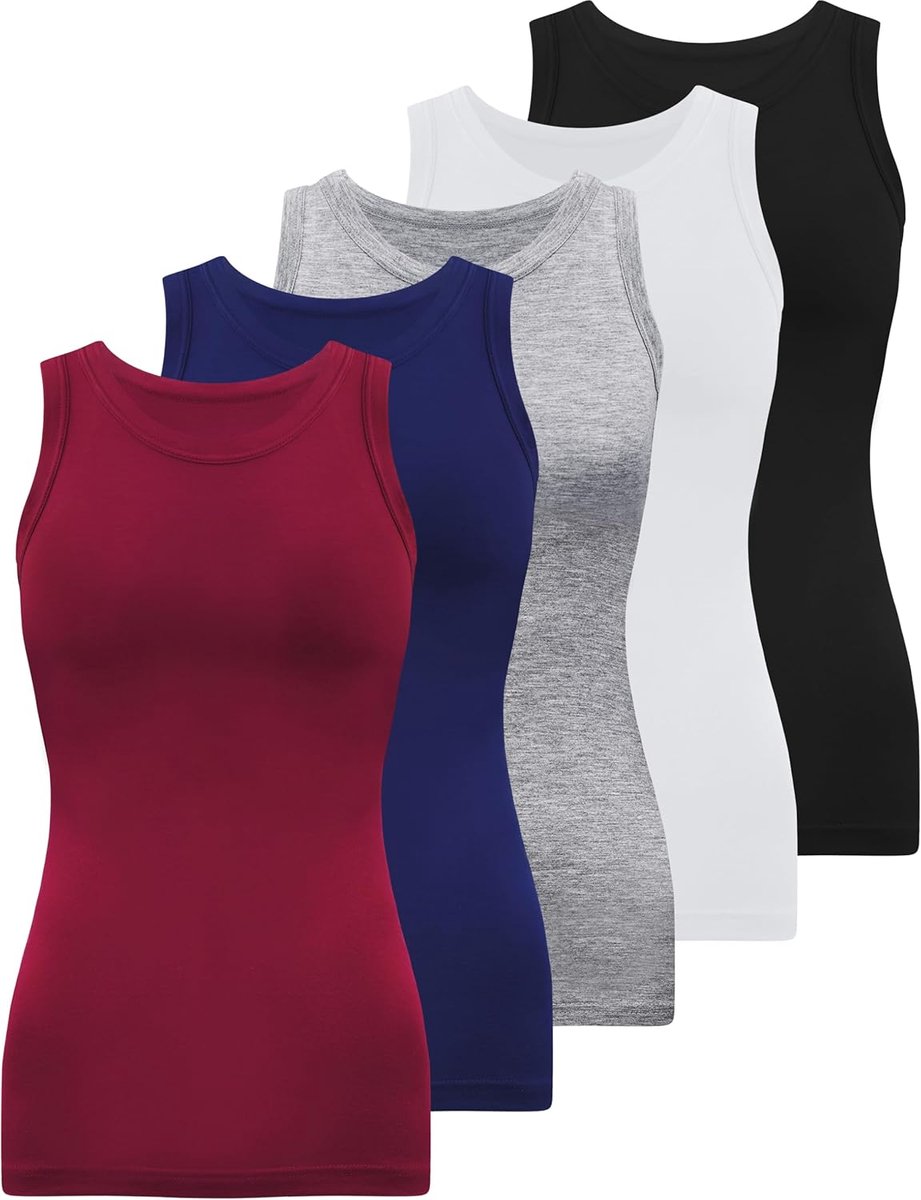 Set van 5 tanktops voor dames, ronde, hooggesloten hals, mouwloos, slim fit, basic onderhemdjes