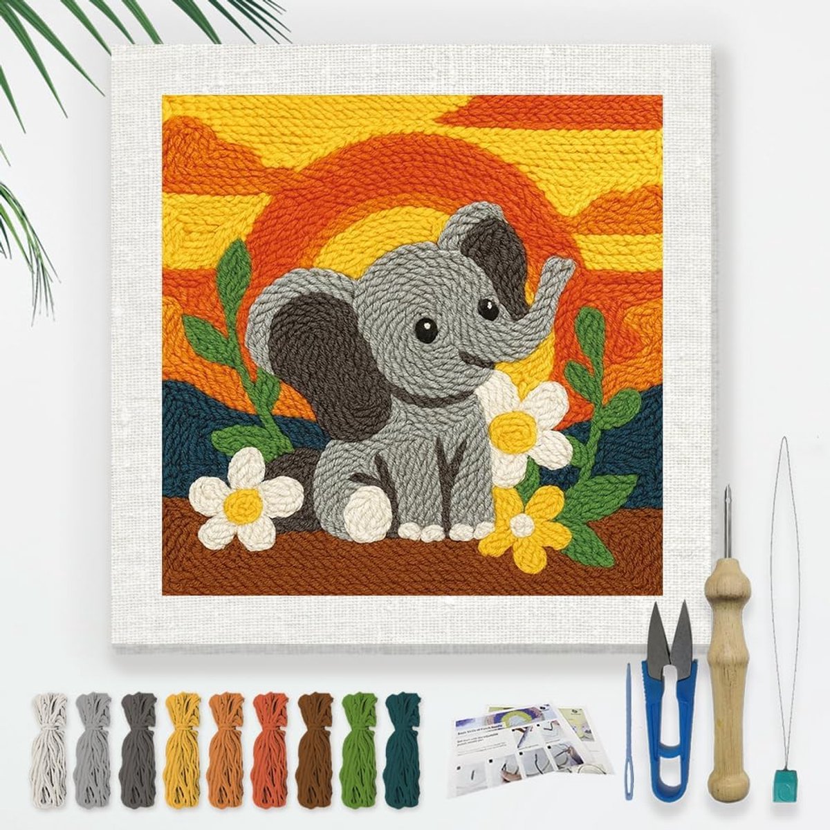 Cartoon Olifant DIY Punch Naald Borduurkit voor volwassen beginners, 24 cm Zonsondergang Leuke Dier Punch Stikken Craft Set voor Starter met Frame, Stof Patroon, Threader, Garen, Punch Naald