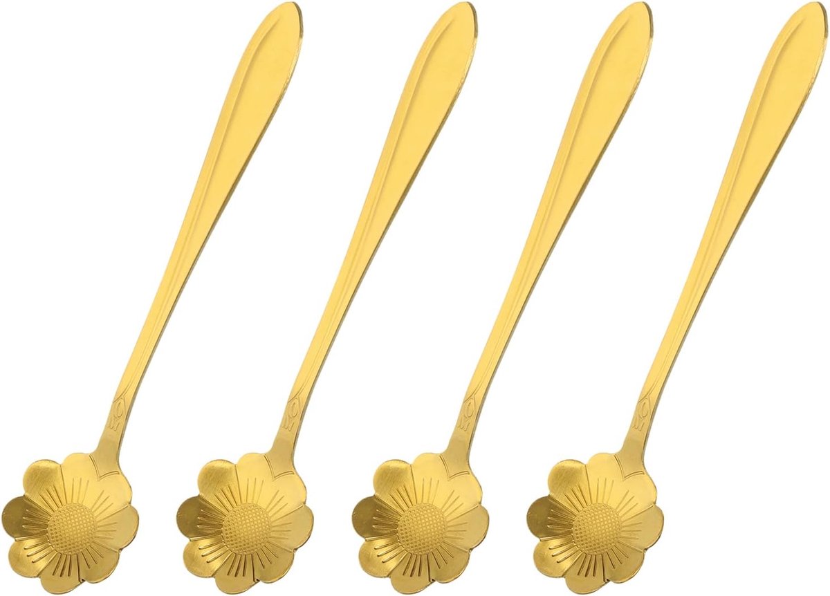 4 stuks roestvrijstalen bloem lepel 12,5 cm zonnebloem vorm koffie lepel kleine theelepel dessert lepel voor espresso taart goud