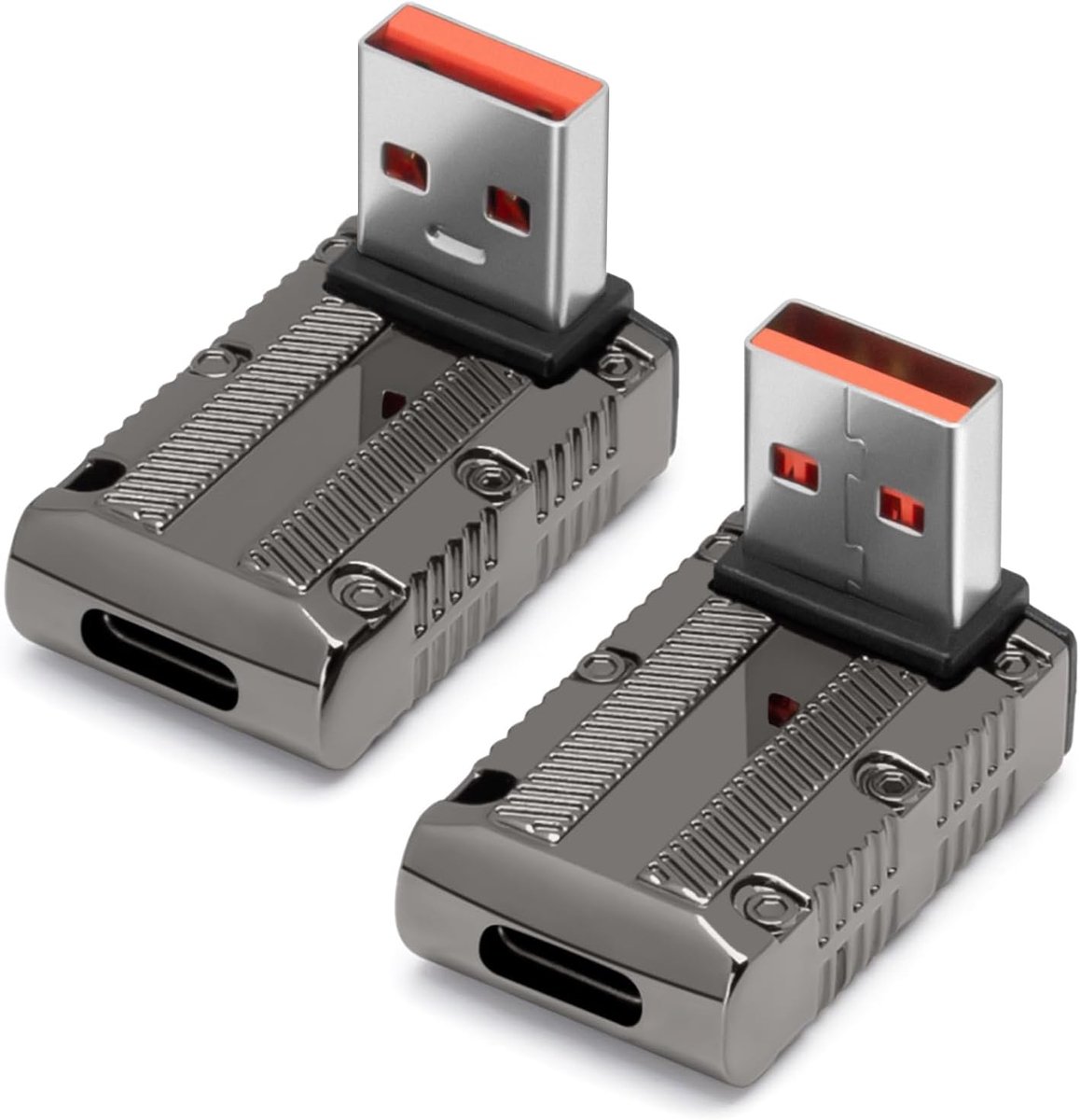 2-pack 90 graden USB 3.1 Type A mannelijke naar USB-C vrouwelijke koppelstukken, 120W snelladen, 10Gbps gegevensoverdracht, zilveren aluminiumlegering behuizing