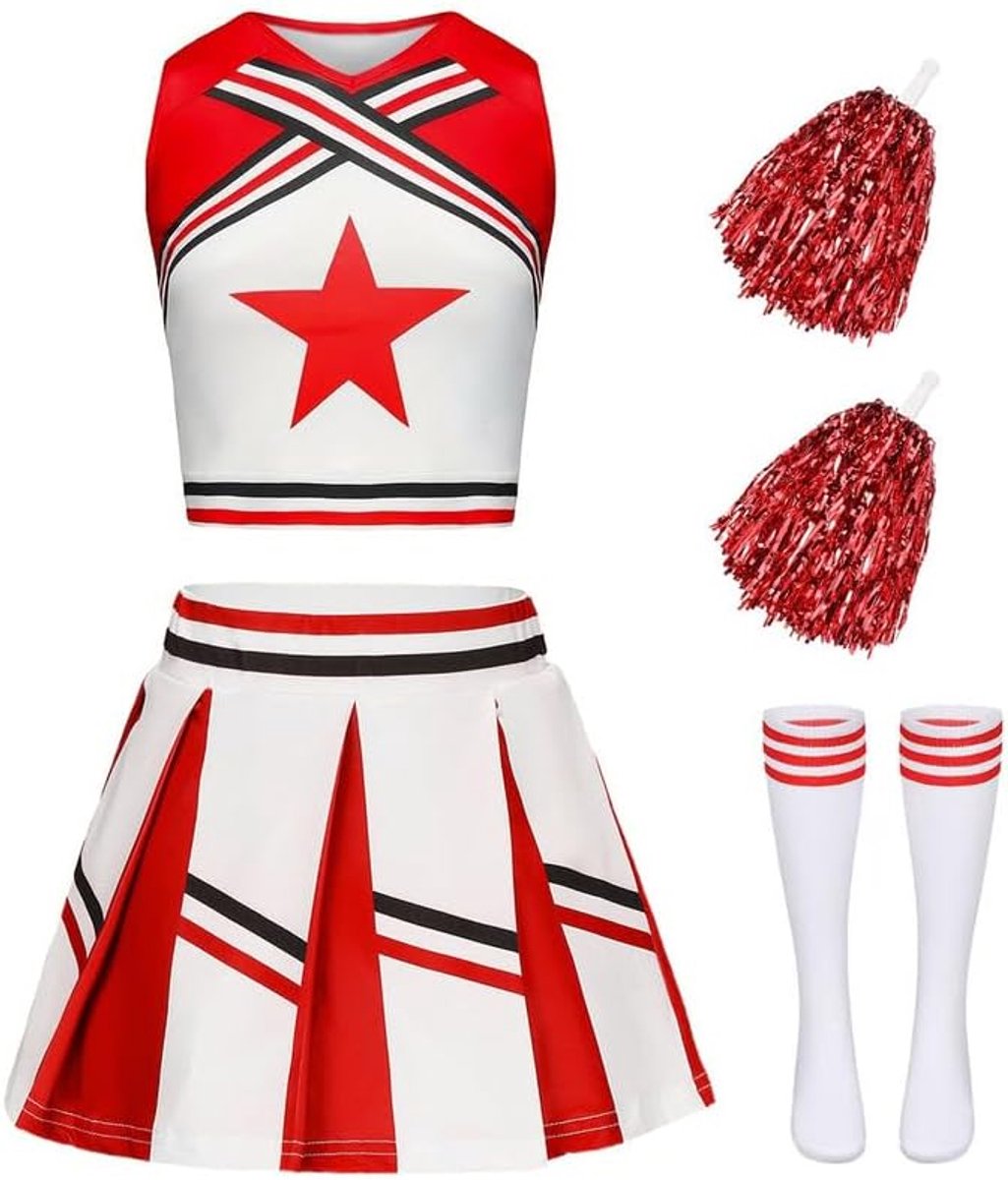 Cheerleader-kostuum voor kinderen, cheerleader-kostuum voor meisjes, outfit, cheerleading uniform, jurk met pompons en sokken, carnavalskostuums voor kinderen, voor carnaval, Halloween, cosplay