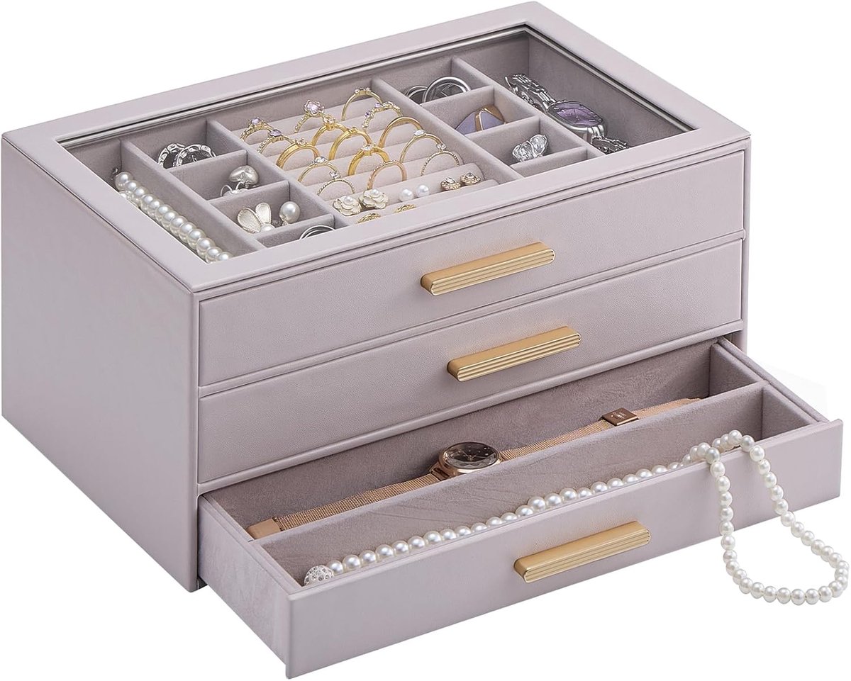SnelShoppen - Luxe 3 Laags Sieraden Organizer met Glasdeksel, Ringen, Oorbellen, Armbanden en Kettingen Houder, Perfecte Verjaardag en Valentijns Gesc