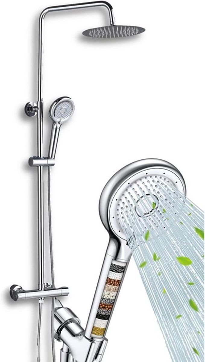 Douchekopset - Waterbesparende Douchefilter, Douchekop met Slang en Houder, Regendouche, Neutraliseert Ongewenste Stoffen, Douchekopfilter incl. Drie Verschillende Waterniveaus