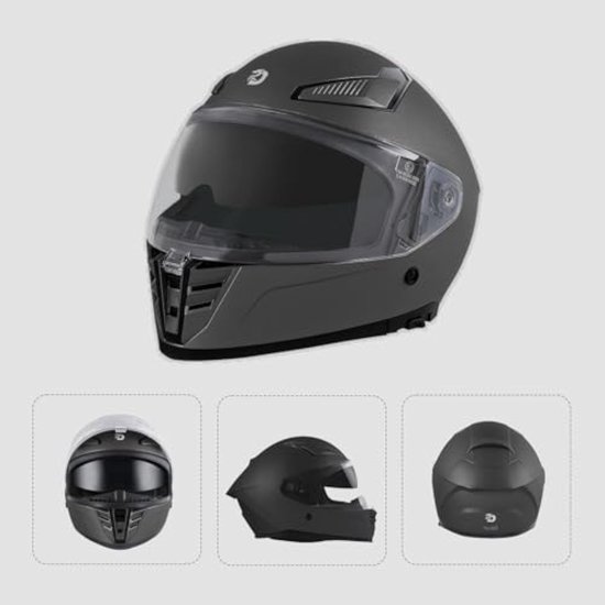 Matzwarte integraalhelm met getint vizier, getoond vanuit meerdere hoeken: voor-, zij- en achterkant.