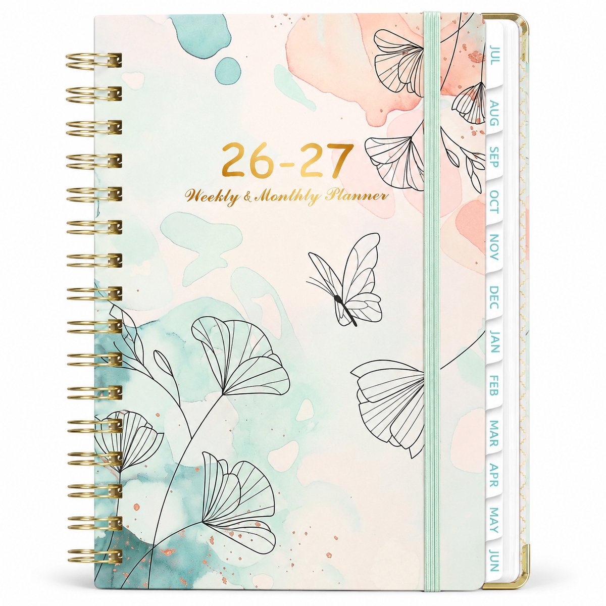 Agenda 2026 2027 - A5 Jaarplanner met Weekoverzicht en Harde Kaft - Professionele Weekplanner met Maandtabs en Goudfolie - Bloemen- en vlinderpatronen