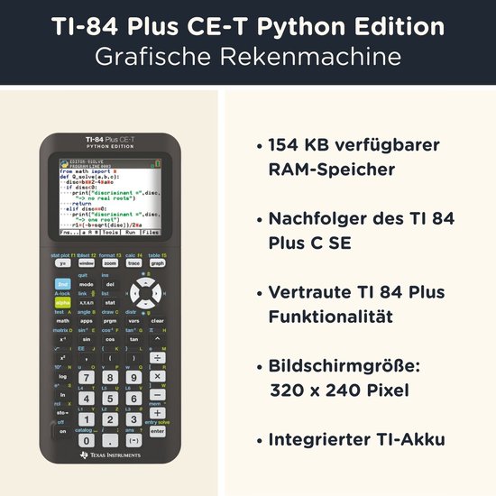 TI-84 Plus CE-T Python Edition grafische rekenmachine met schermdetails en specificaties.