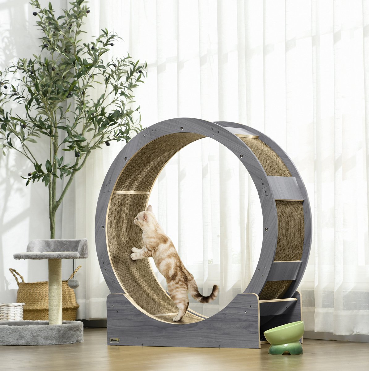 COVREO Kattenlooprad 91 x 33,5 x 94 cm, grijs, hout, met rem voor katten tot 5 kg