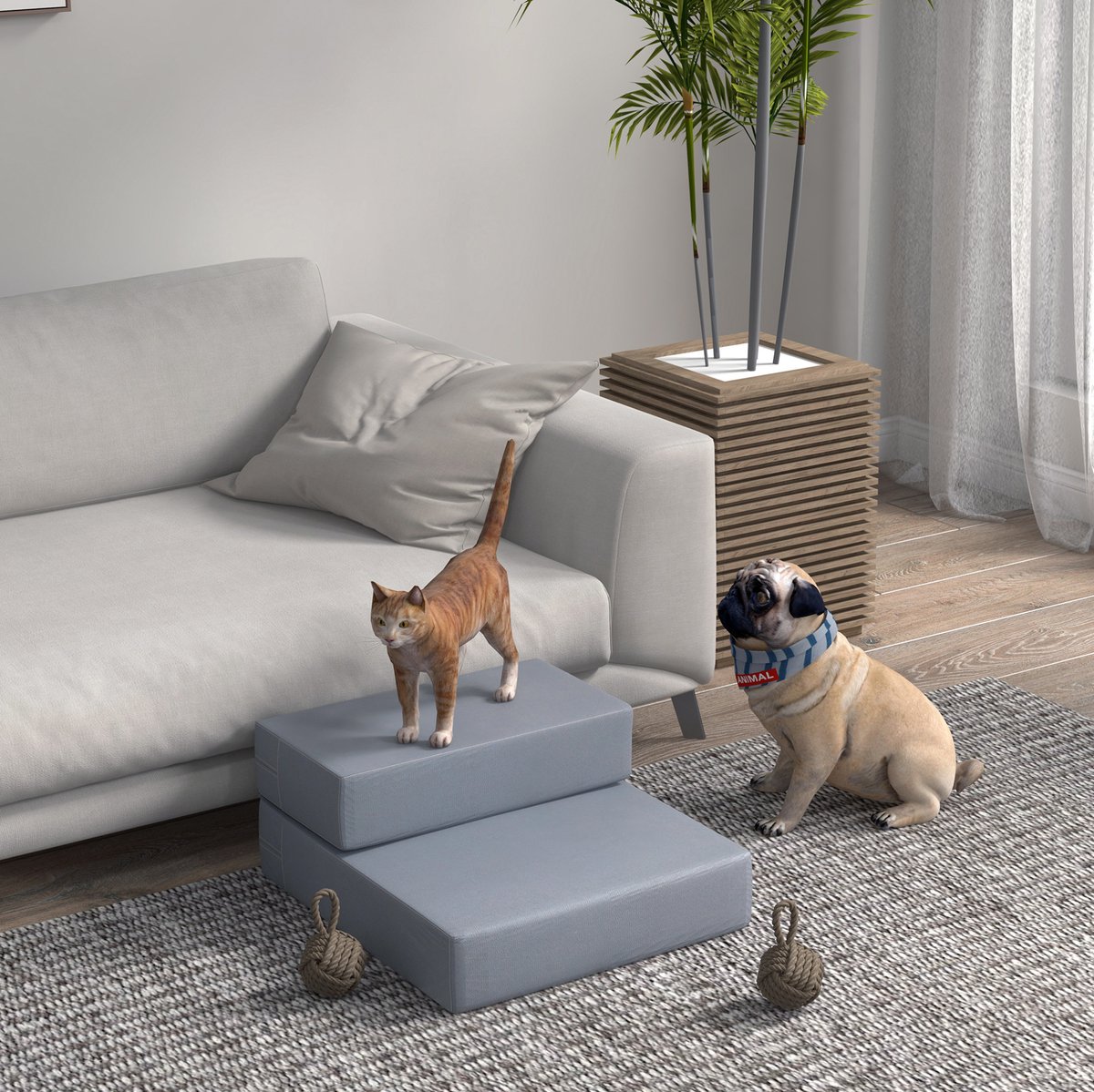 Opvouwbare dierentrap 2-in-1, grijs, PU-leer en schuim, afneembare hoes