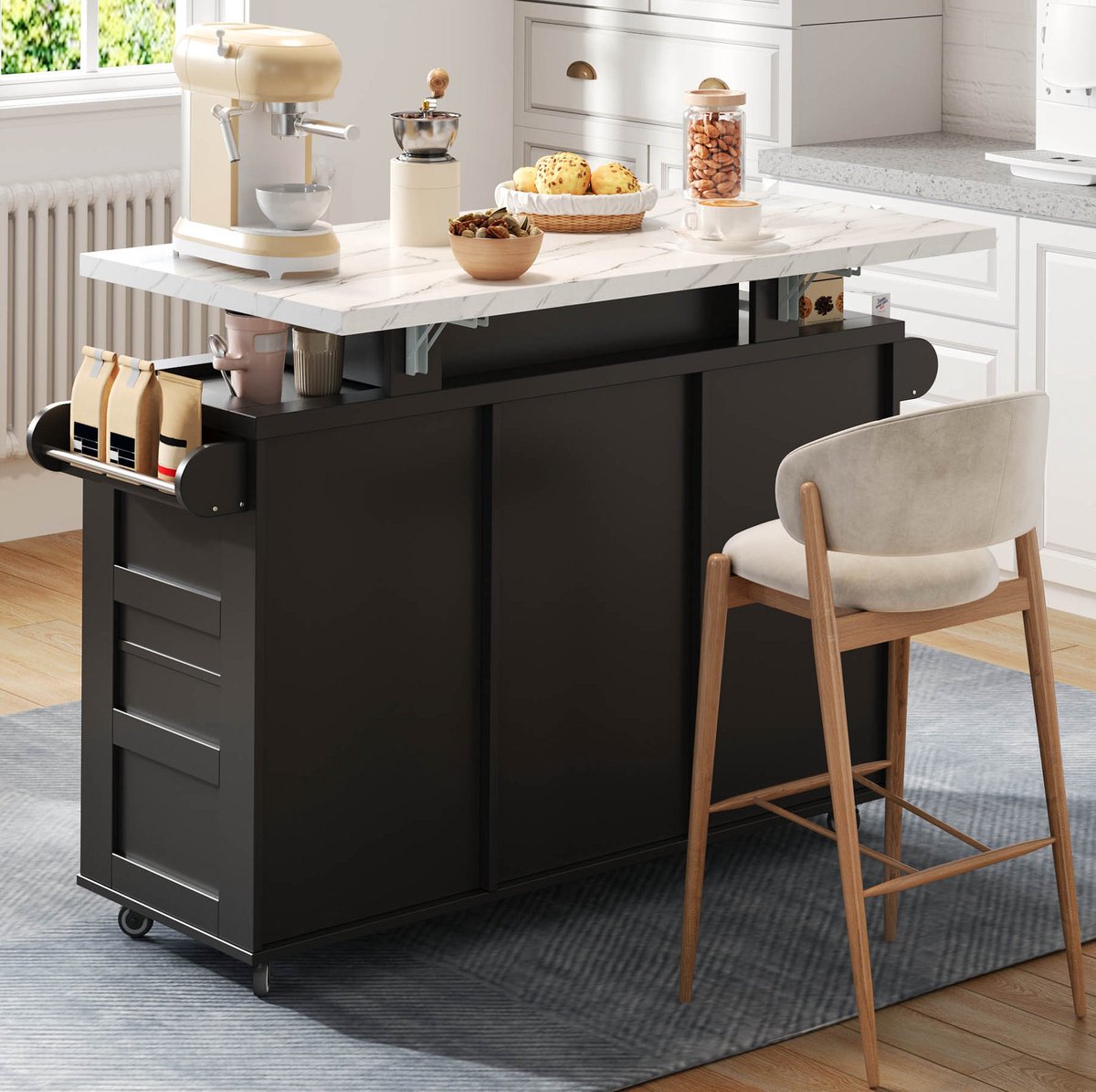 COVREO Bartafel 138x60x93 cm zwart, MDF met opbergruimte en wielen