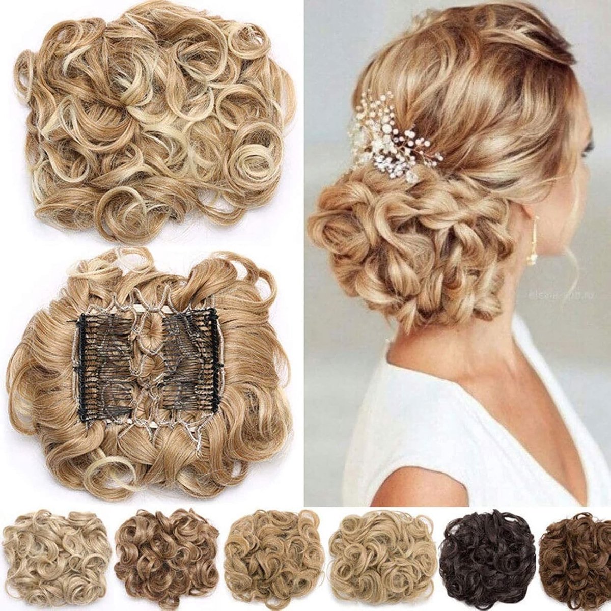 Messy Krullend en Golvend Haarstuk met Kam, Ideaal voor Medium Bruin Haar en Volumineuze Styling