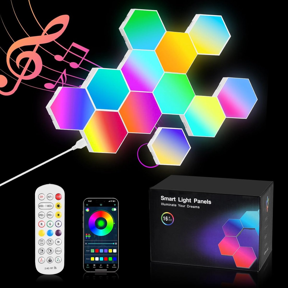 Zeshoekige wand-ledverlichting, RGB-gaming-panelen, slimme verlichting met app en afstandsbediening, hippe muzieksynchronisatie, voor woondecoratie, slaap- en speelkamer, jong en oud, 12 stuks