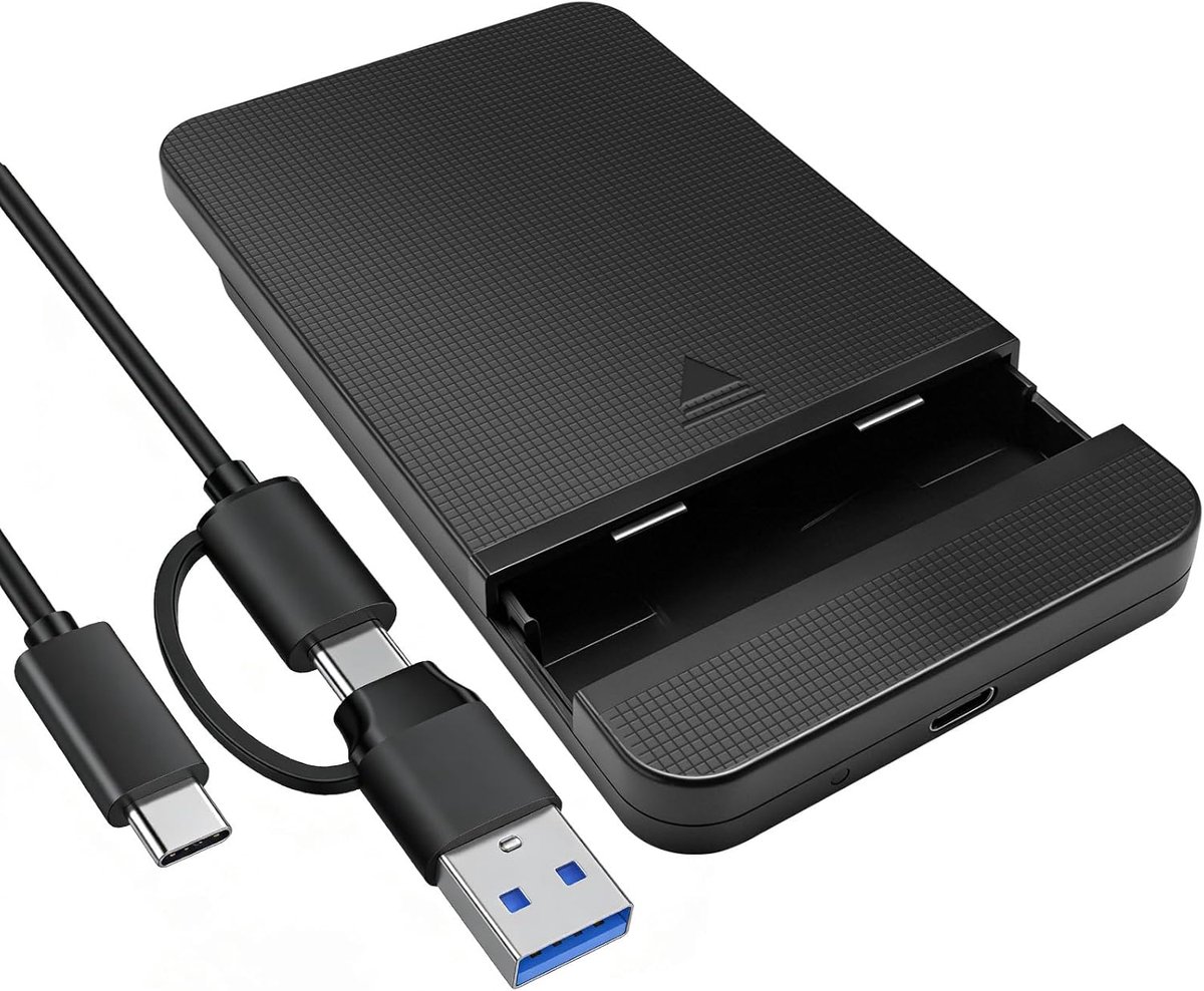 schijfbehuizing 2,5 inch, USB C 3.2 Gen 2 naar SATA III tot 6 Gbps, behuizing voor 7 mm/9,5 mm 2,5 inch SATA SSD HDD met 2-in-1 USB A/C-kabel, UASP Trim S.M.A.R.T slaapmodus voor pc, Mac, laptop