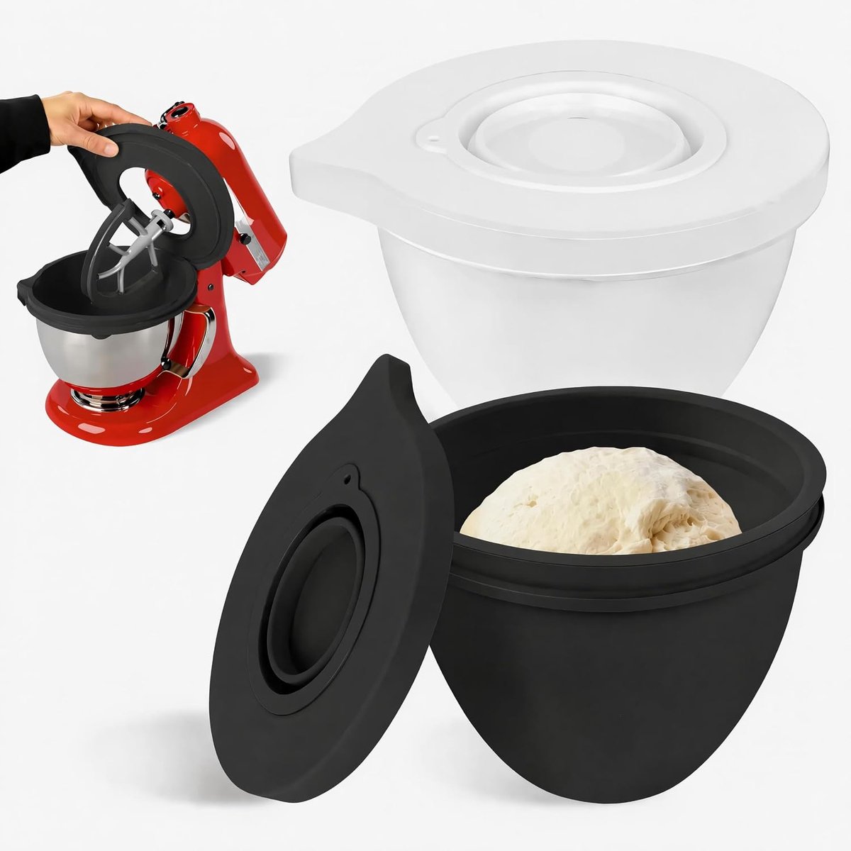 SnelShoppen - Silicone Inserts voor Keuken Mixer 4.5-5 Quart met Kiepbare Kop, 2 Voedselveilige Inserts met Deksel (Wit + Zwart)