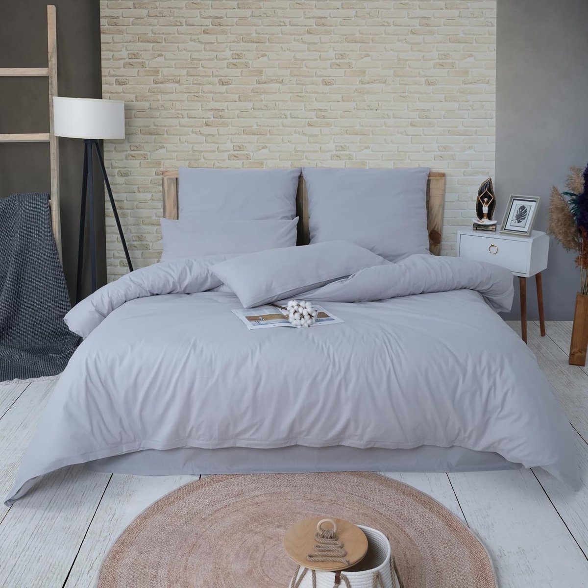 Beddengoed 155 x 220 cm, 2-delig, lichtgrijs, Oeko-Tex 100% katoen, 1 x dekbedovertrek + 1 x kussensloop van 80 x 80 cm, ritssluiting, Ranforce model