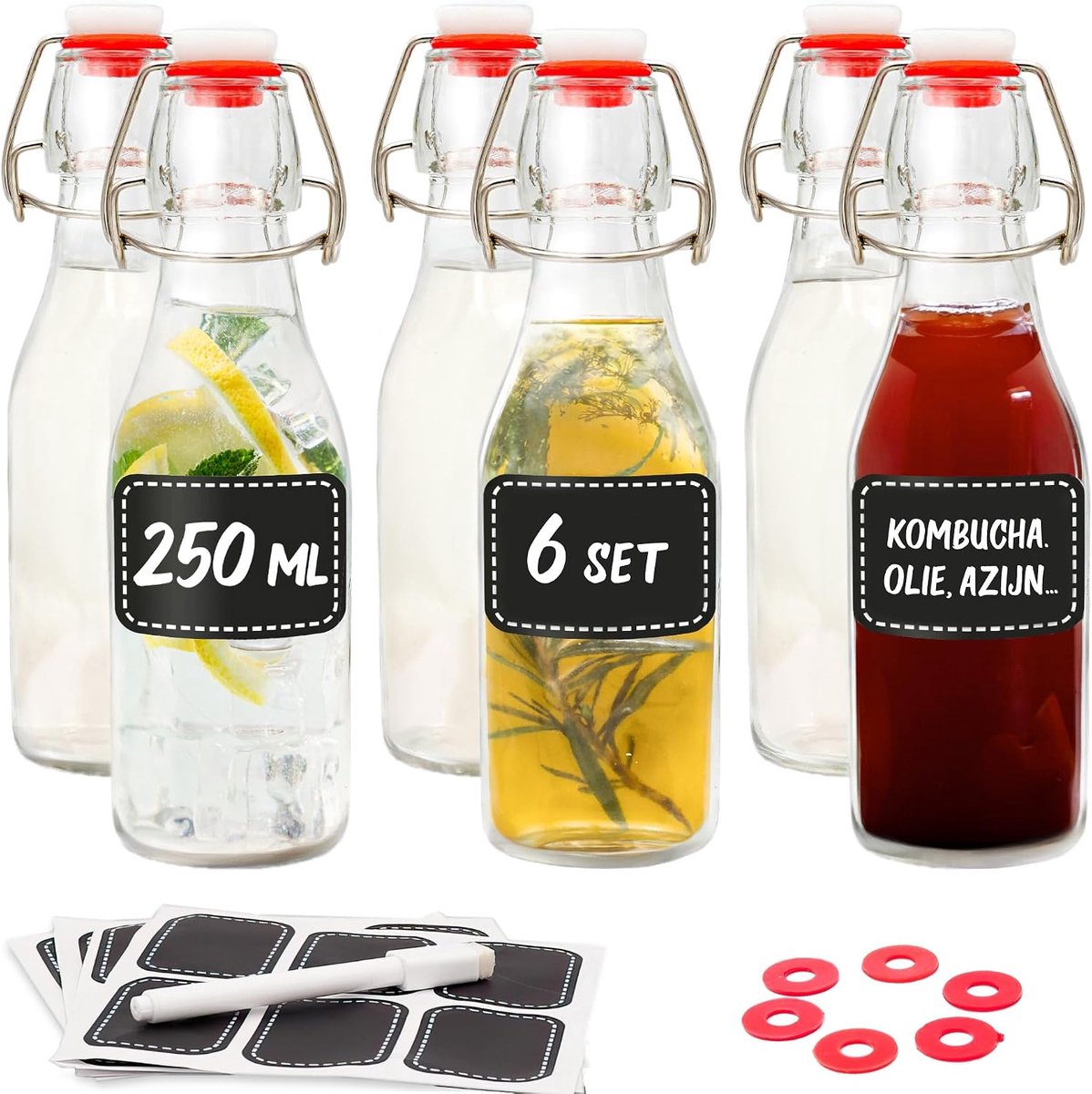 6 Glazen Flessen 250ml met Draaidop - flessen met draaidop om te vullen - incl. 6 extra sluitingen & 12 etiketten met pen