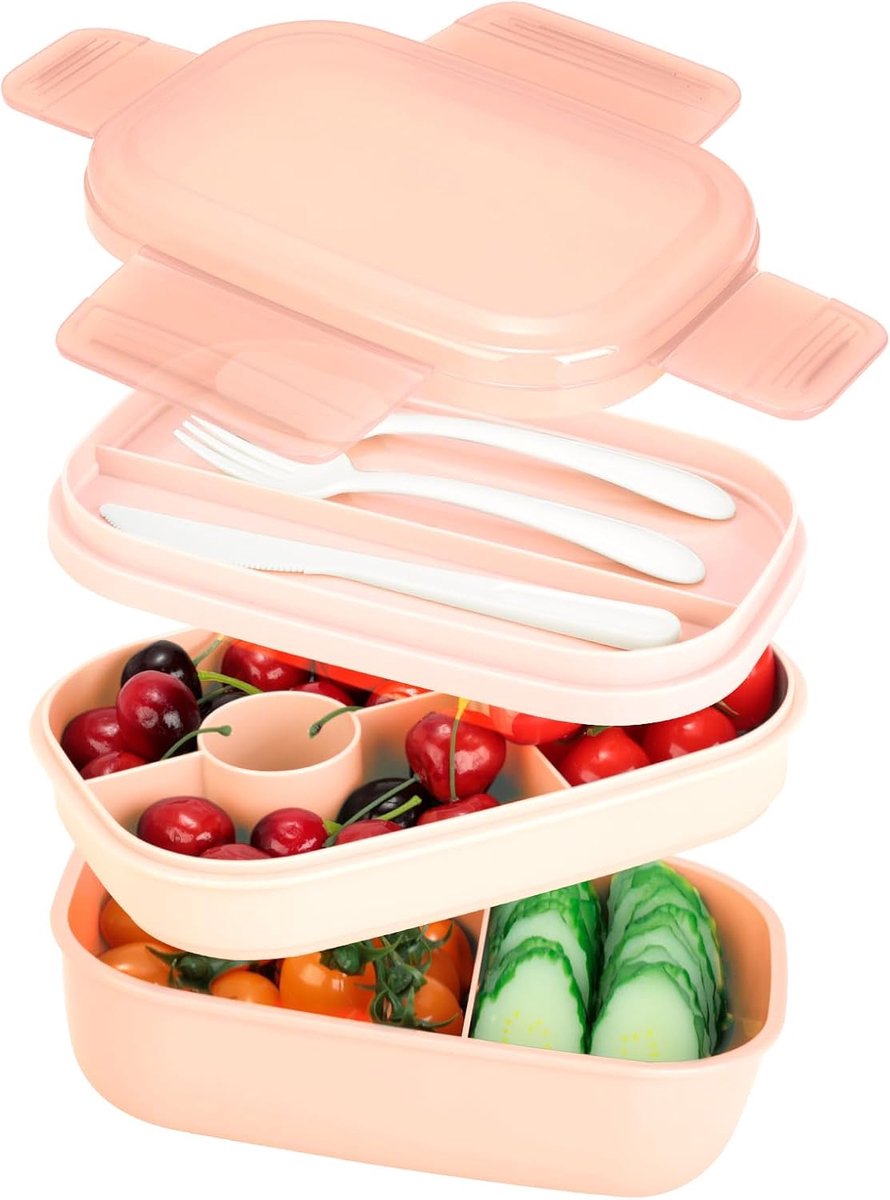 Bento Box Lunchbox, 1900 ml, voor volwassenen, met bestek, voor kantoor, school en onderweg, als broodtrommel met vakken in 3 niveaus, BPA-vrij, roze