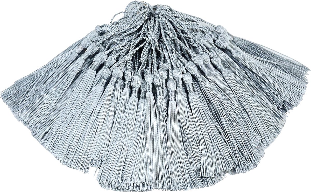 100 stuks 13 cm / 5 inch Silk Floss bladwijzer kwasten met 2 inch koordgesp en kleine Chinese knoop voor het maken van sieraden, souvenirs, bladwijzers, knutselaccessoires (grijs)