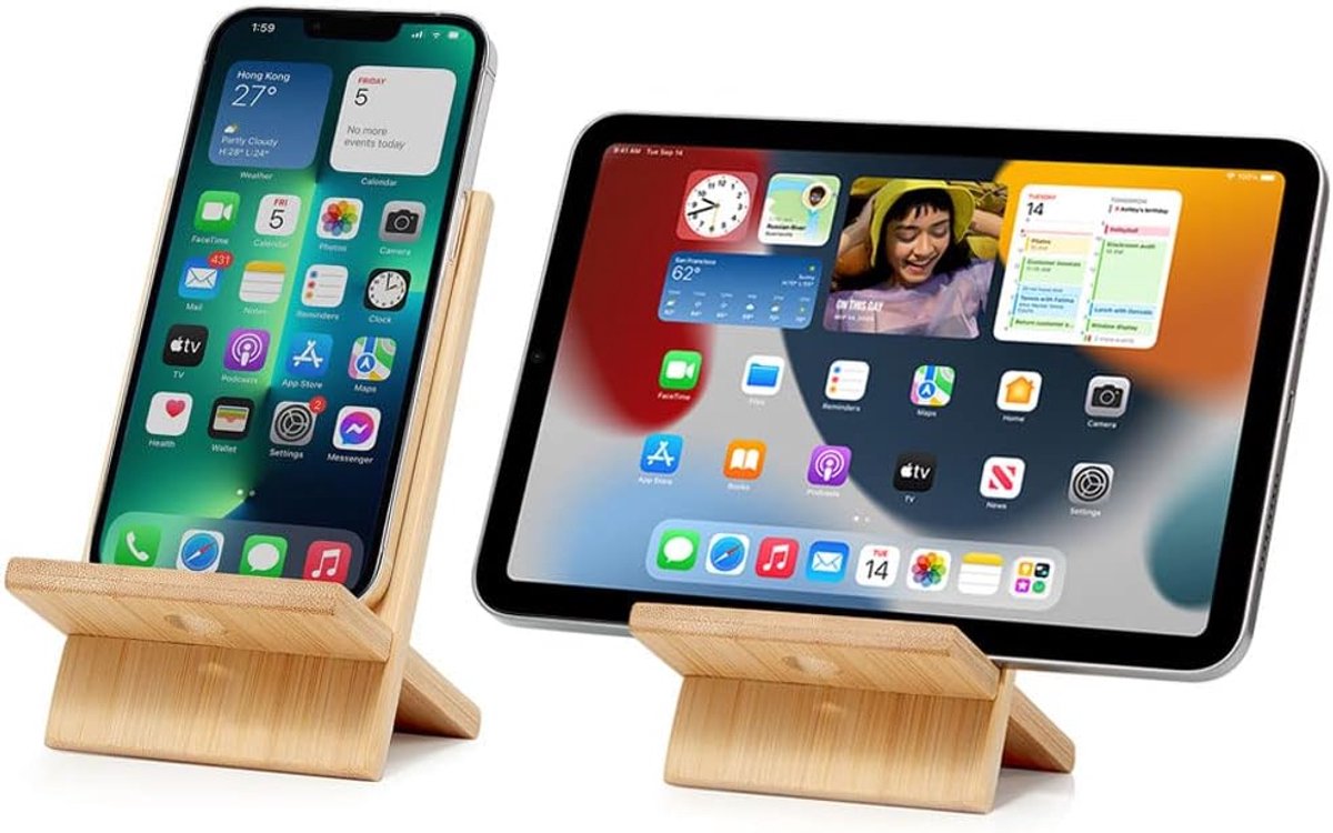 Mobiele Telefoon Stand met Oplaadgat, Afneembare Houten Mobiele Telefoon Houder Bureau Tablet Stand Houten Desktop Dock Cradle voor iPhone iPad en Alle Telefoons