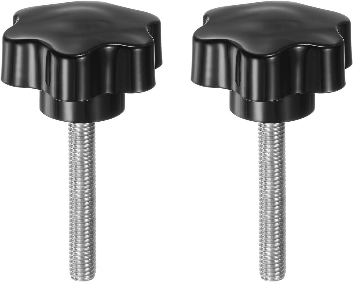 2 stuks sterknoppen M8 x 50 mm schroefdraad van roestvrij staal 304, 46 mm gekartelde knop met 6 sterren gekartelde kopschroef kunststof handgreep, zwart