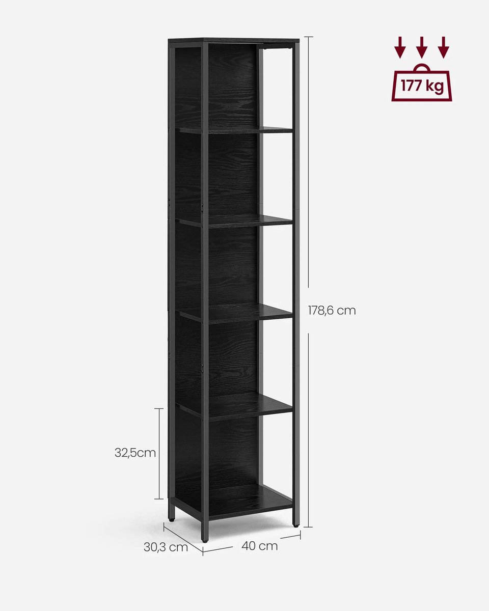 Golaro Boekenkast - Met Verstelbare Ledverlichtingsplank - Stalen Boekenkast - 6-verdieping - 30.3x40x178.6 cm - Zwart