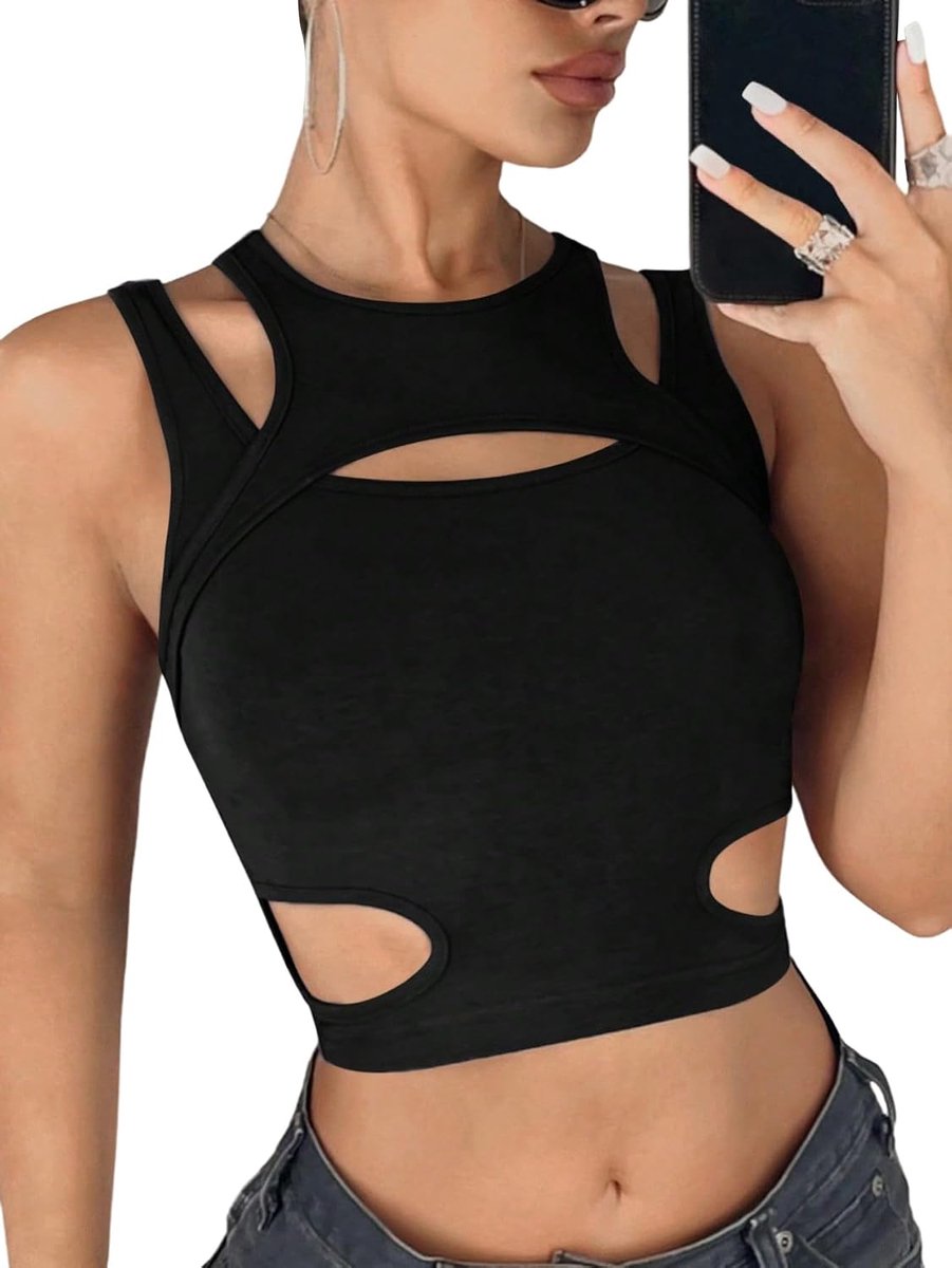Crop Tanktop voor dames, Y2k cut-out top, buikvrije top met hals, sexy top, mouwloos tanktops