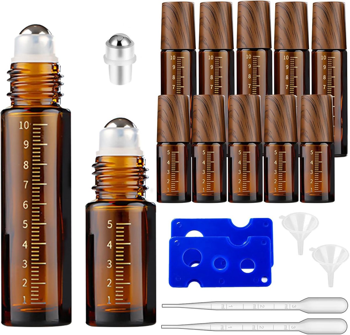 Roll-on fles, leeg, 10 ml en 5 ml, 10 stuks, roll-on glazen flessen voor etherische olie, navulbare roll-on glazen flessen met roestvrijstalen kogels voor etherische oliën (5 ml x 5, 10 ml x 5