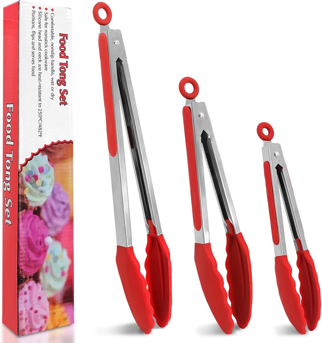 Keukentang, 3 stuks siliconen tangen, 17,8 cm, 22,9 cm, 30,5 cm, roestvrijstalen tang met vergrendelingsclip, kooktang, antiaanbaklaag, voor heteluchtfriteuse, salade, pasta, brood, vlees