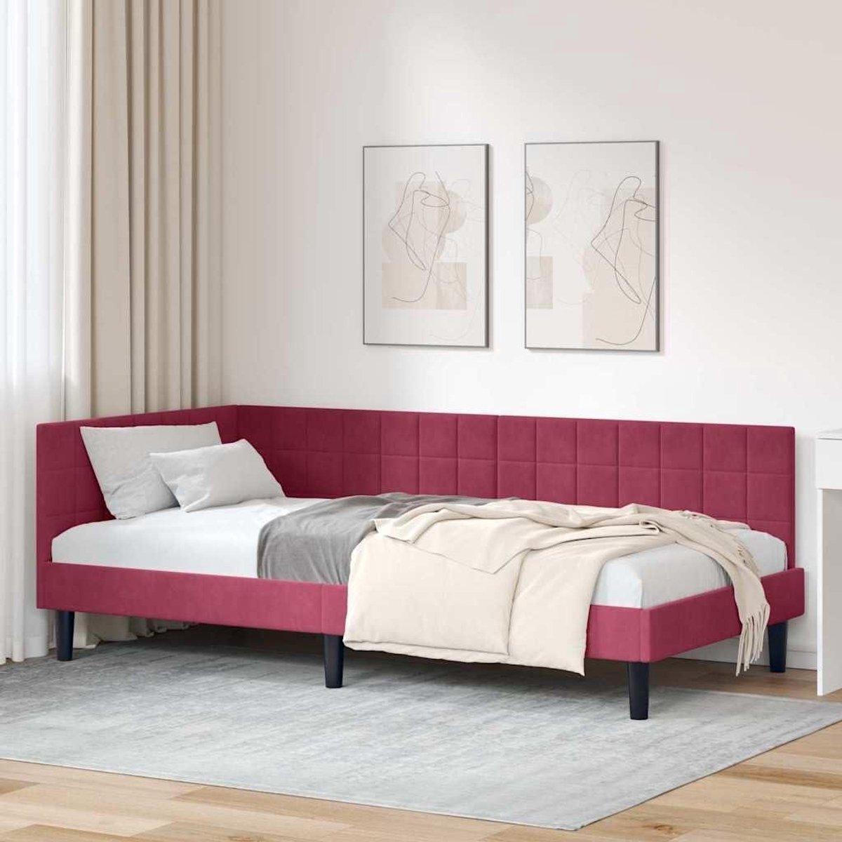 Hoekbedframe met hoofdeinde - L-vormig bed - Ruimtebesparend slapen - Flexibele montage hoofdeinde - 100 x 200 cm - Wijnrood
